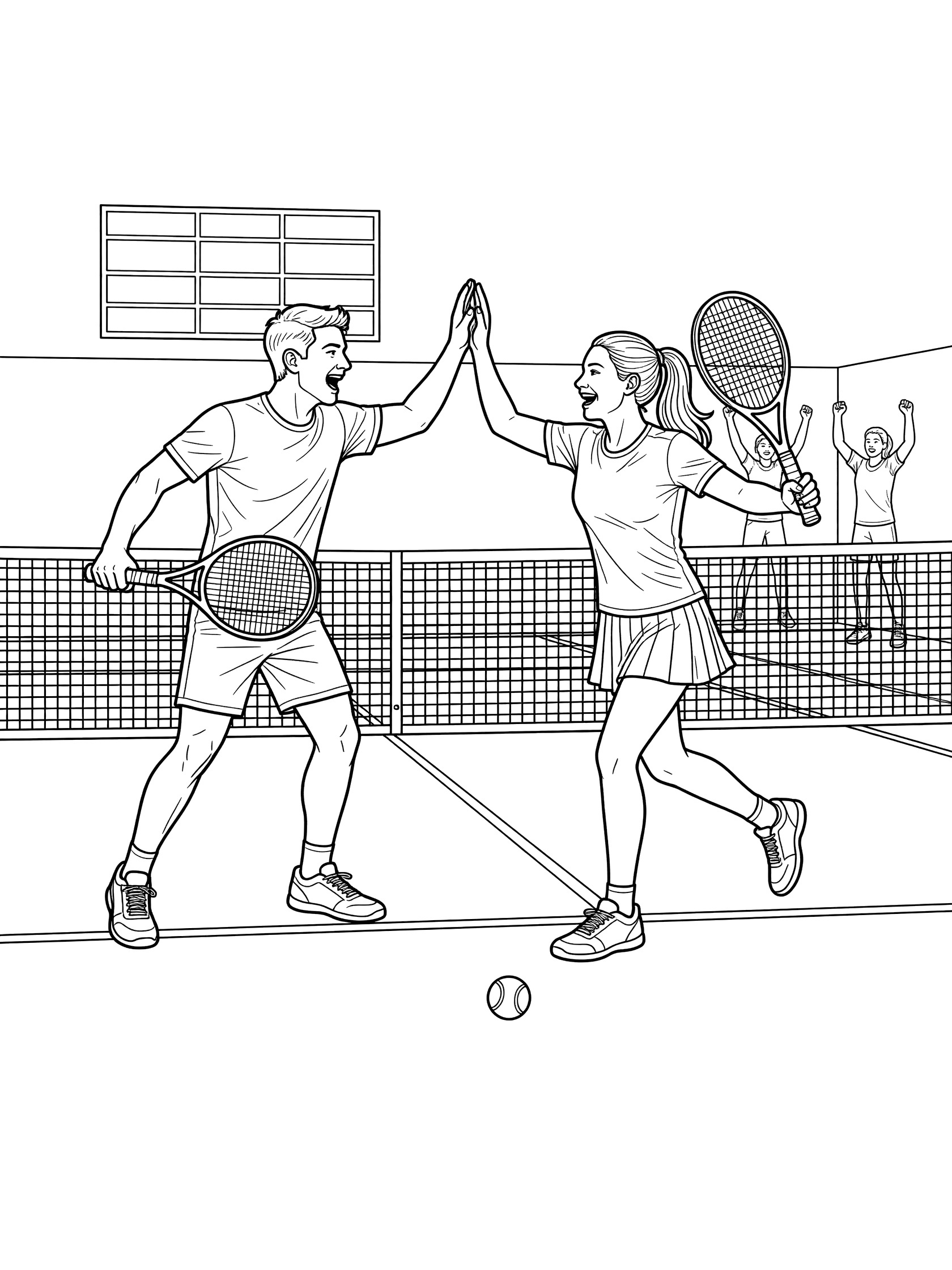 Tennis court coloring page with doubles partners high-fiving, holding rackets, ball on ground, net, and cheering crowd in background.
