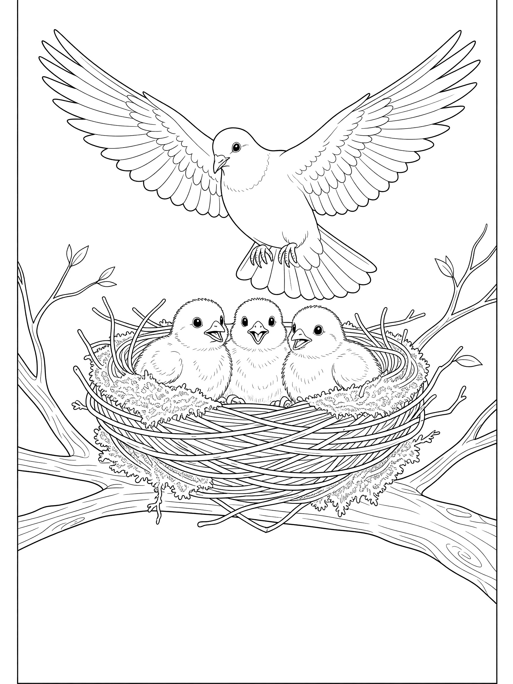 Black and white line drawing of a dove with wings spread flying above a nest on a tree branch holding three baby birds peeking out.