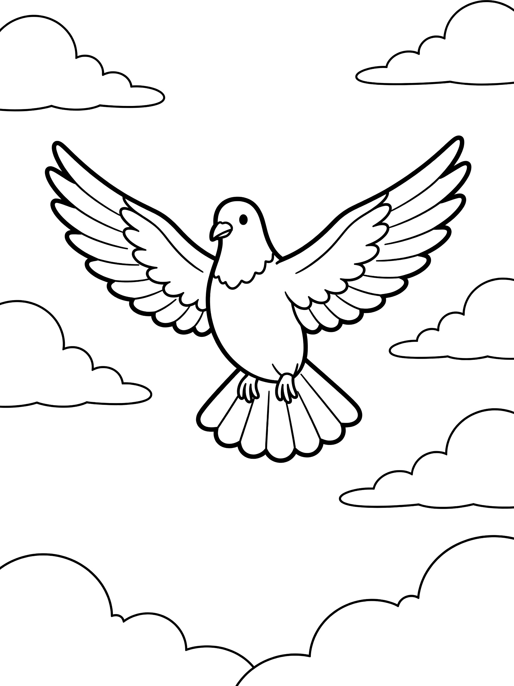 Black and white line art coloring page showing a dove soaring with wide wings and fanned tail among fluffy clouds in the sky. Pigeon themed black and white printable line art