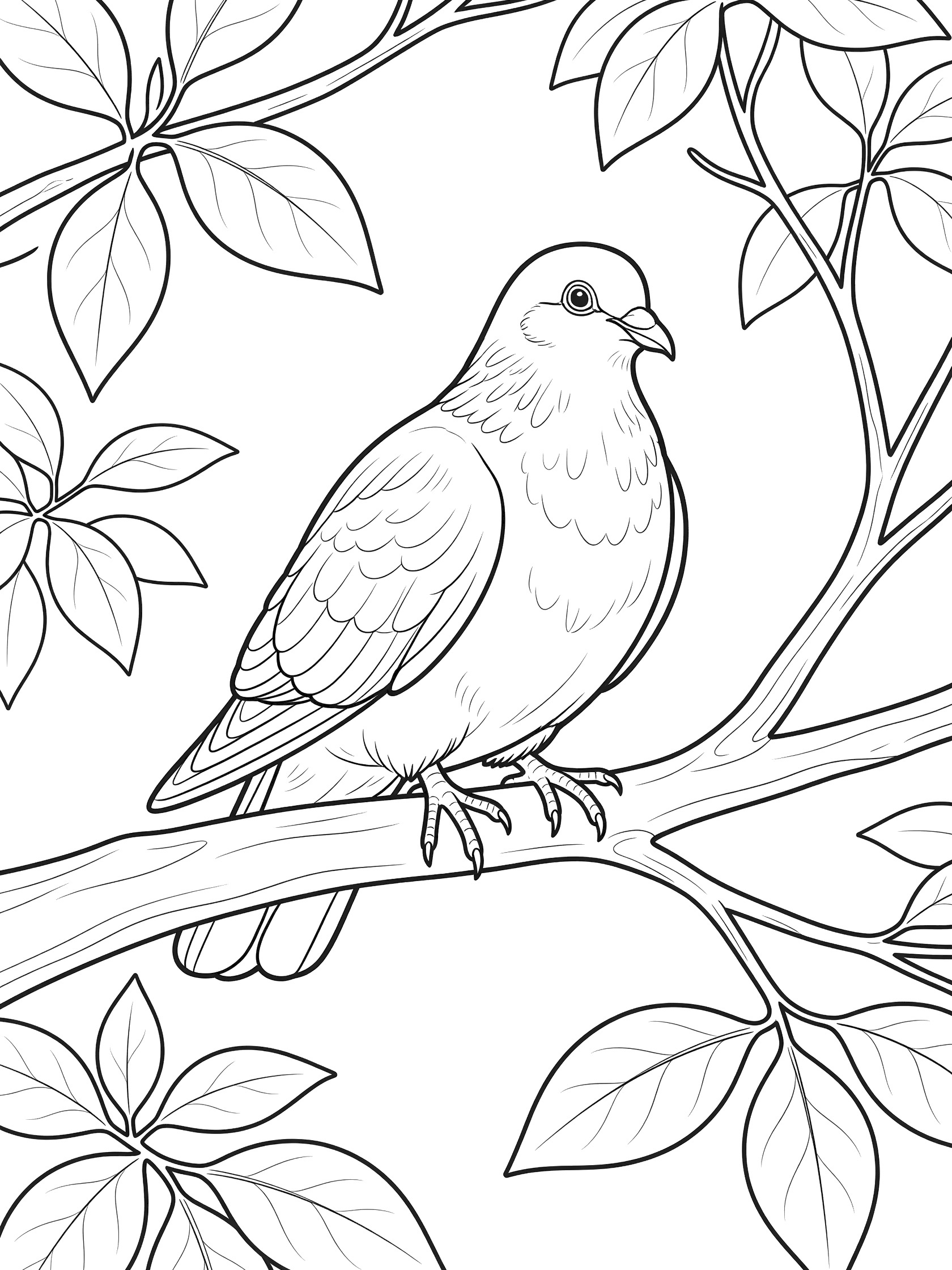 Black and white line drawing of a dove sitting on a tree branch surrounded by detailed leaves and twigs. Pigeon themed black and white printable line art