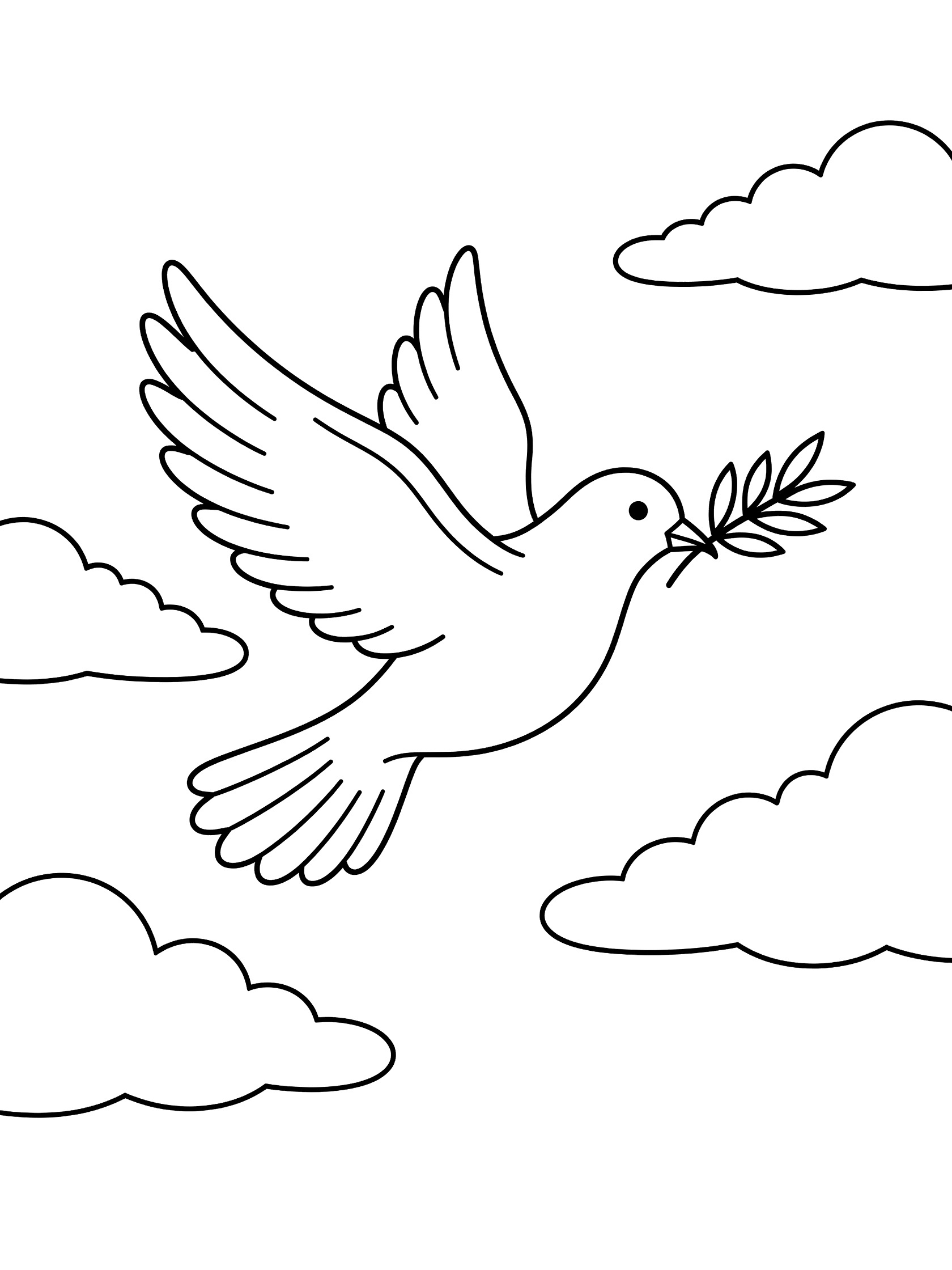 Black and white line art coloring page showing a dove flying with wings spread, holding an olive branch in its beak, surrounded by simple clouds on a white background.