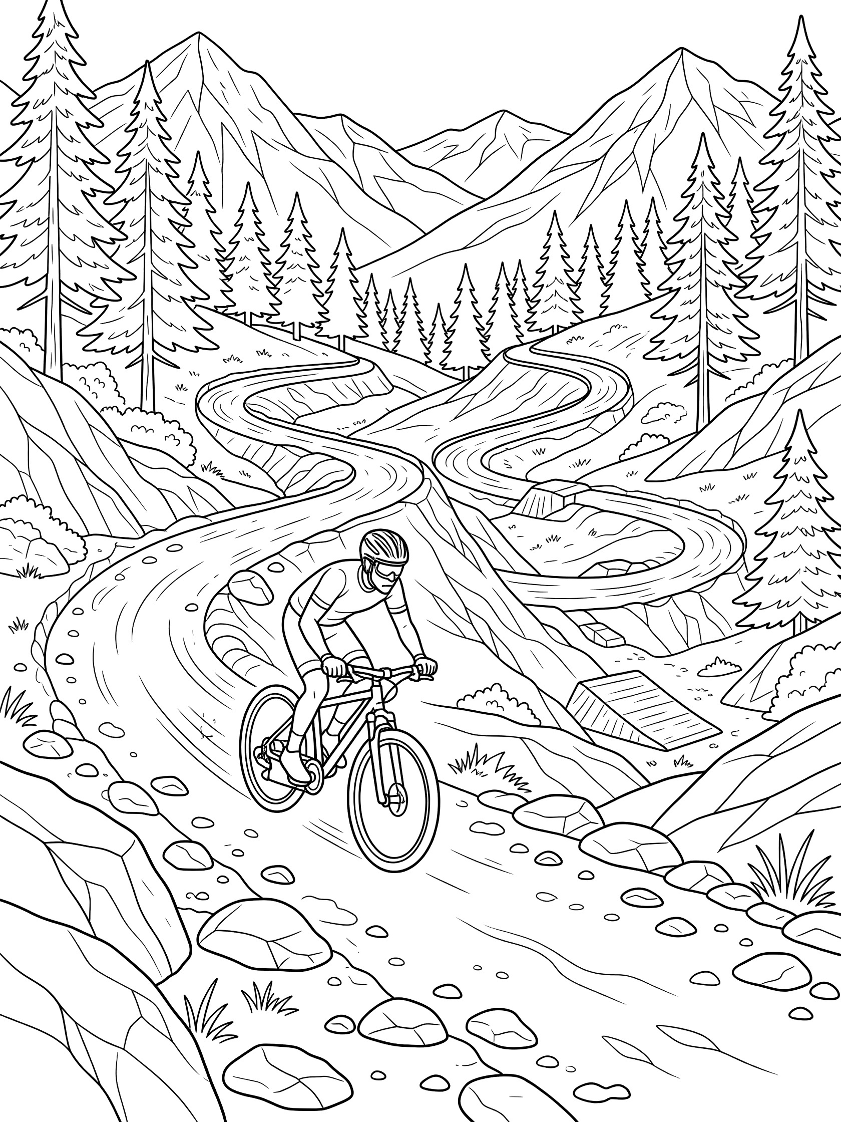 Black and white coloring page showing a cyclist leaning forward on a mountain bicycle racing downhill on a winding trail with rocks, pine trees, sharp turns, and motion lines.