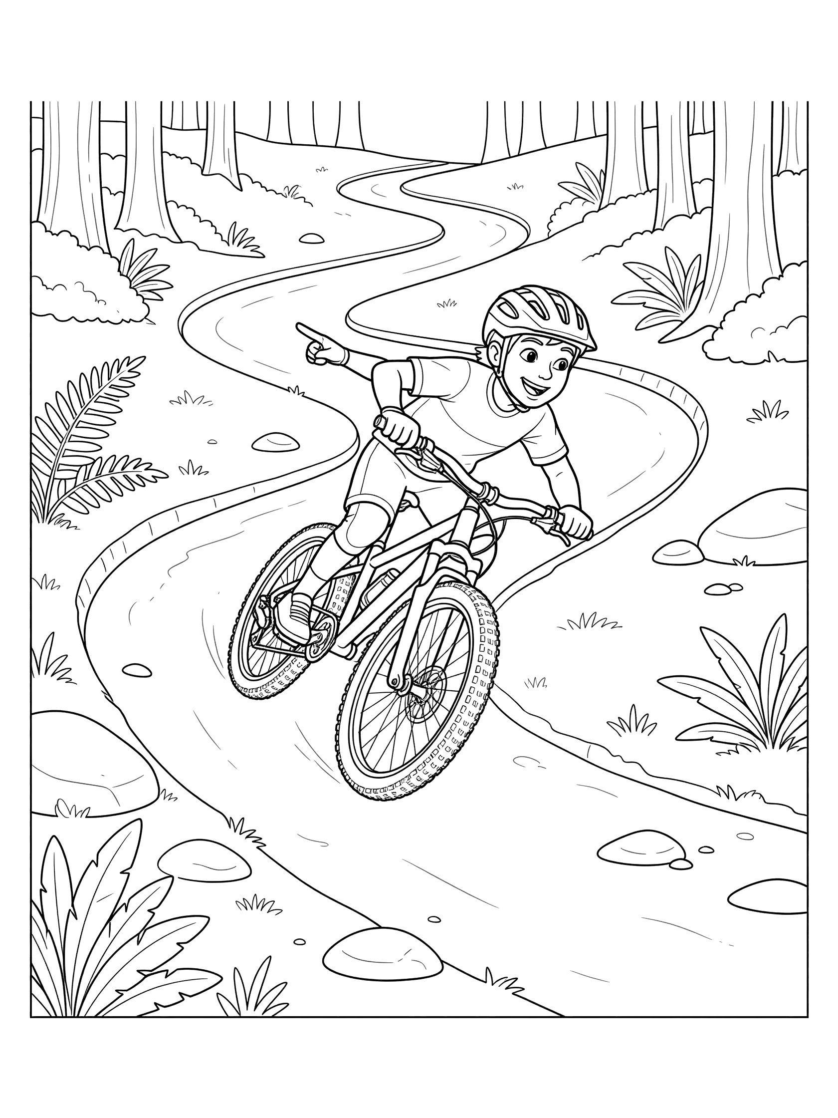 Downhill mountain biker leaning sharply into a banked berm turn on a curvy forest trail lined with ferns and rocks, clean line art coloring page.