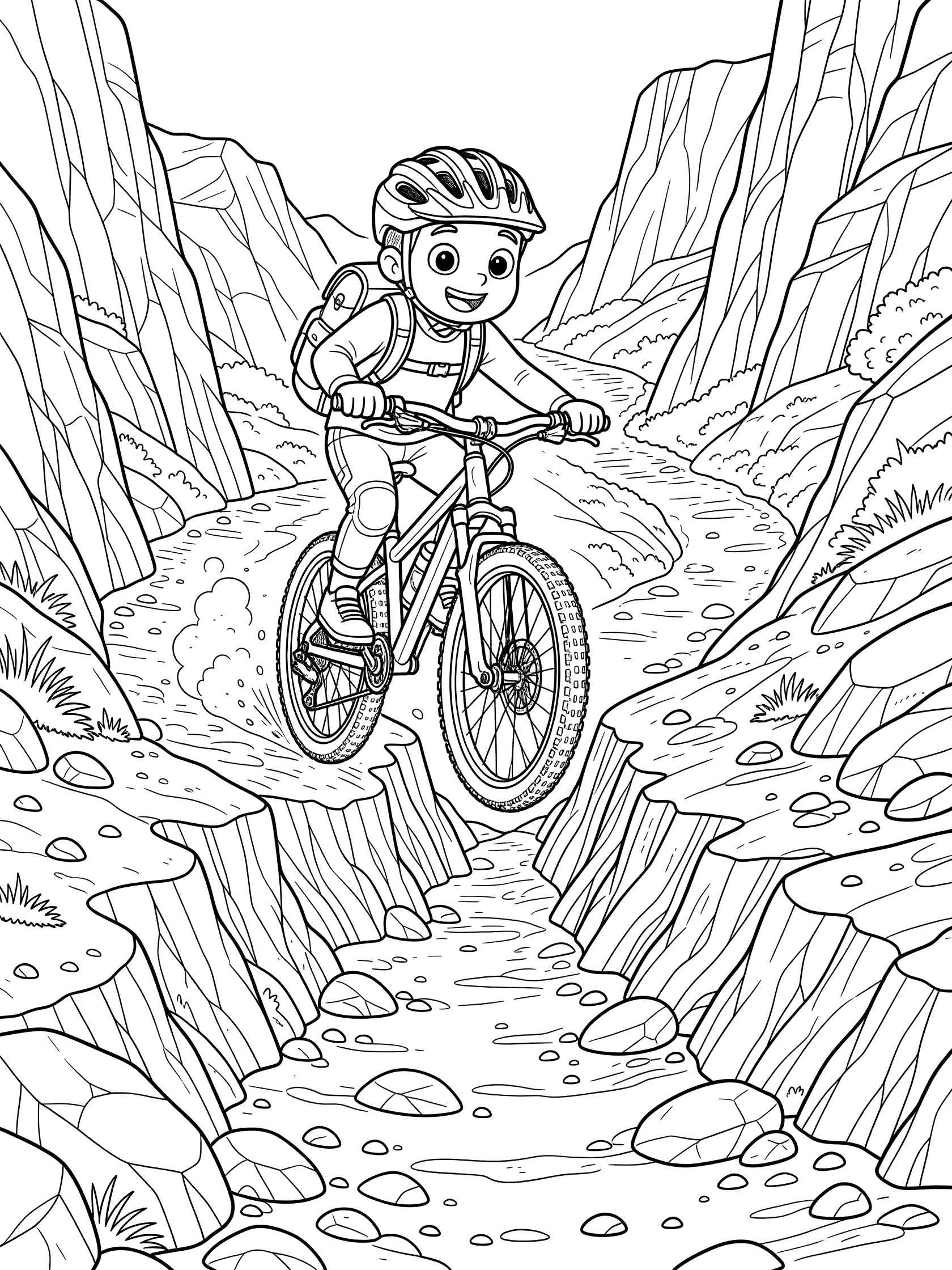 Adorable cartoon mountain biker with big excited eyes and helmet dropping into narrow eroded gully on rocky alpine downhill path surrounded by cliffs, clean line art coloring page