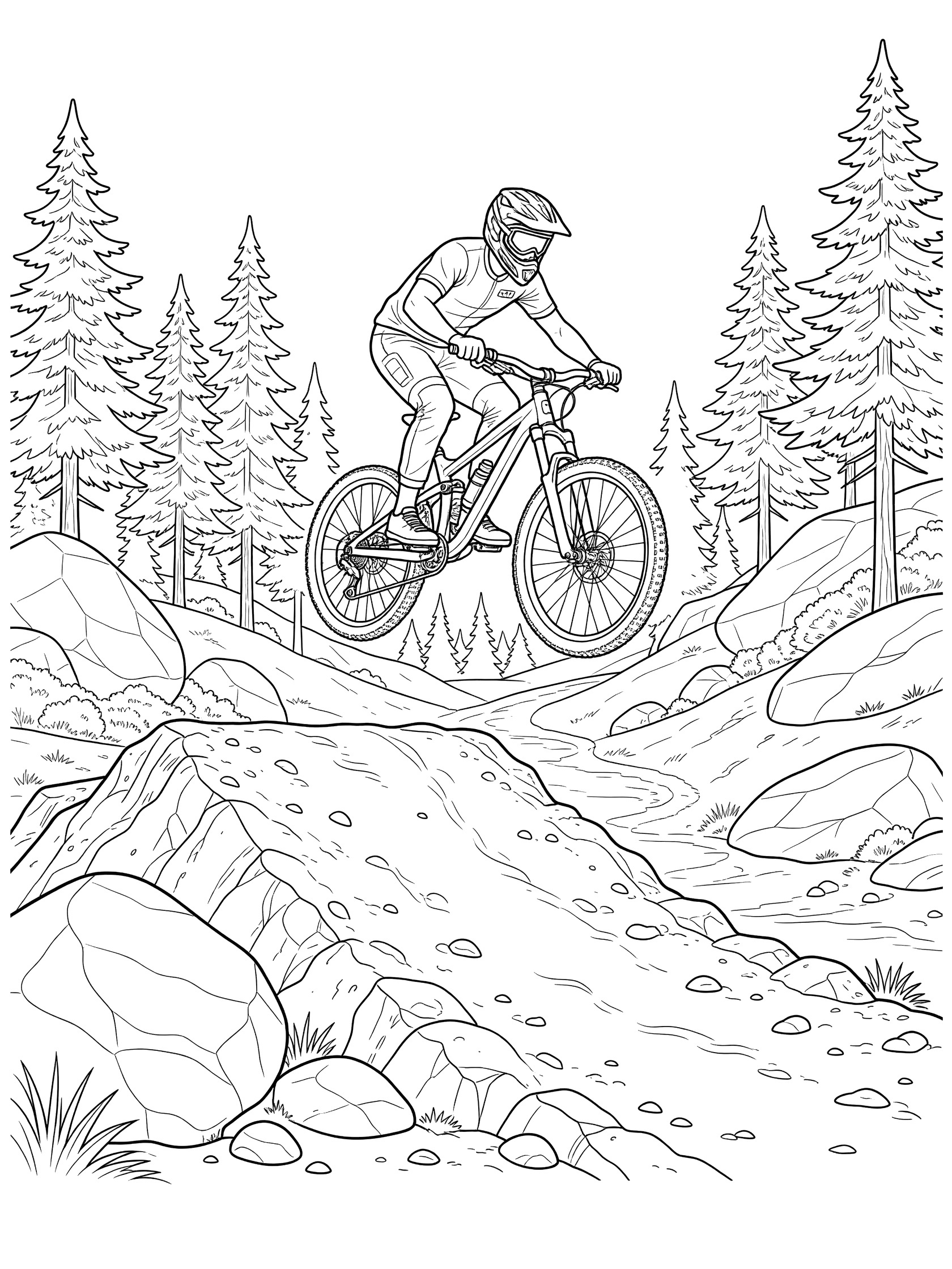 Black and white coloring page showing a mountain biker in helmet and gear flying off a steep dirt jump with bike wheels in air, surrounded by pine trees and rocks on a rugged trail.