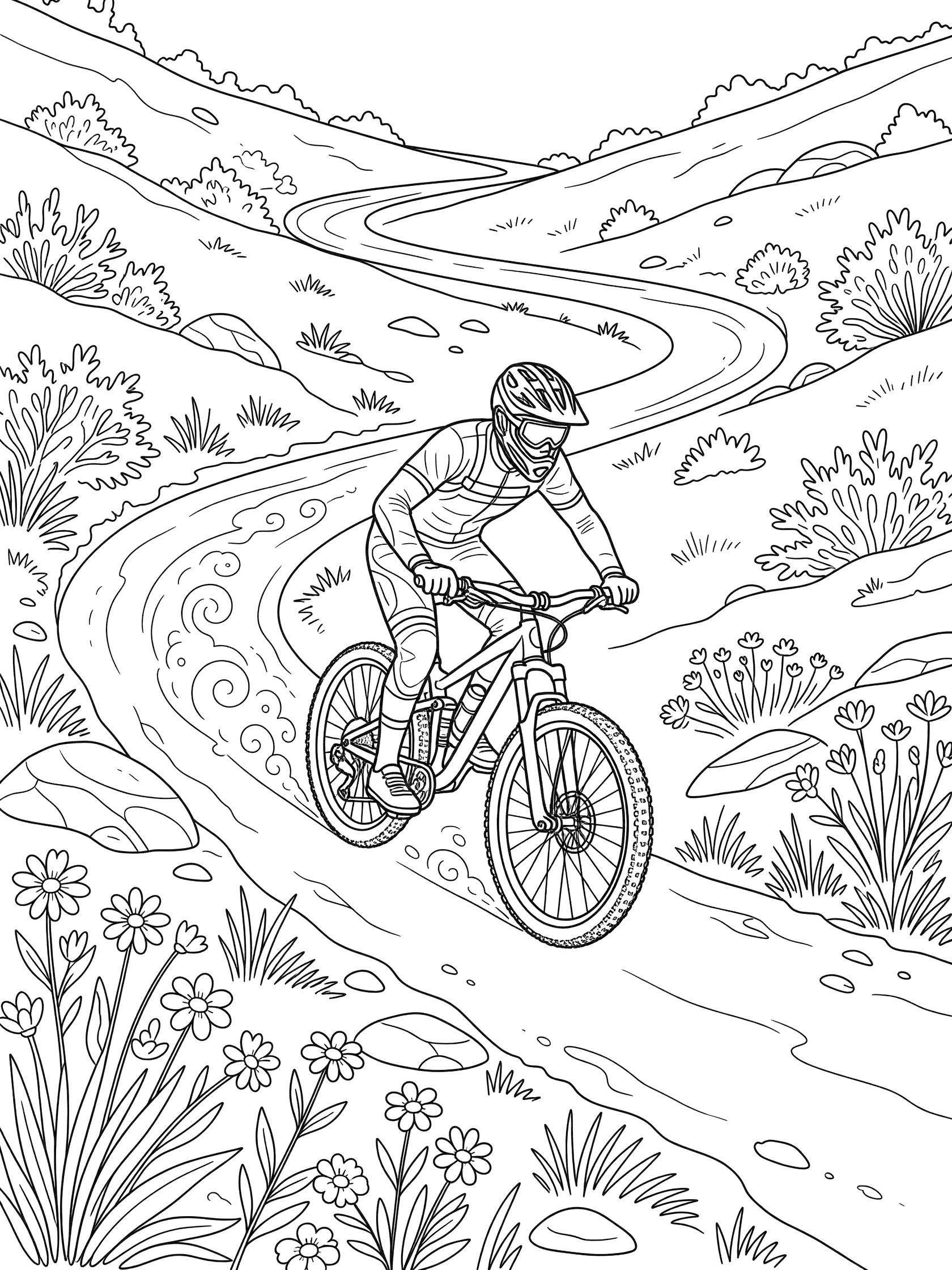 Line art coloring page showing a helmeted mountain biker leaning back on a full-suspension bike, racing down a curvy switchback trail on a hillside with wildflowers, scrub bushes, rocks and swirling dust.