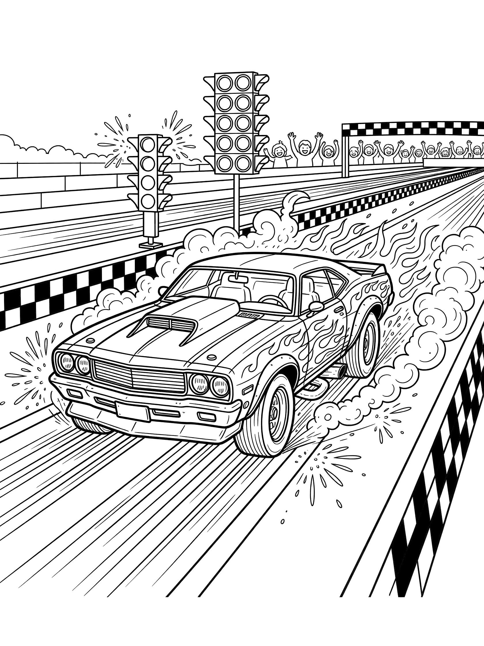 Black and white line art of a muscle car in a drag race burnout at the starting line with smoke from tires, speed lines, Christmas tree lights, checkered barriers, and distant crowd.