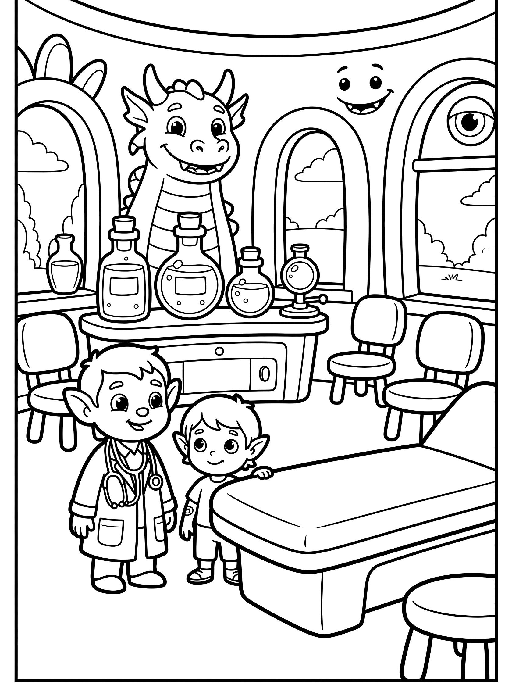 Black and white coloring page of dragon and elf doctors in a doctor clinic scene with exam table, medical bottles, chairs and arched windows.