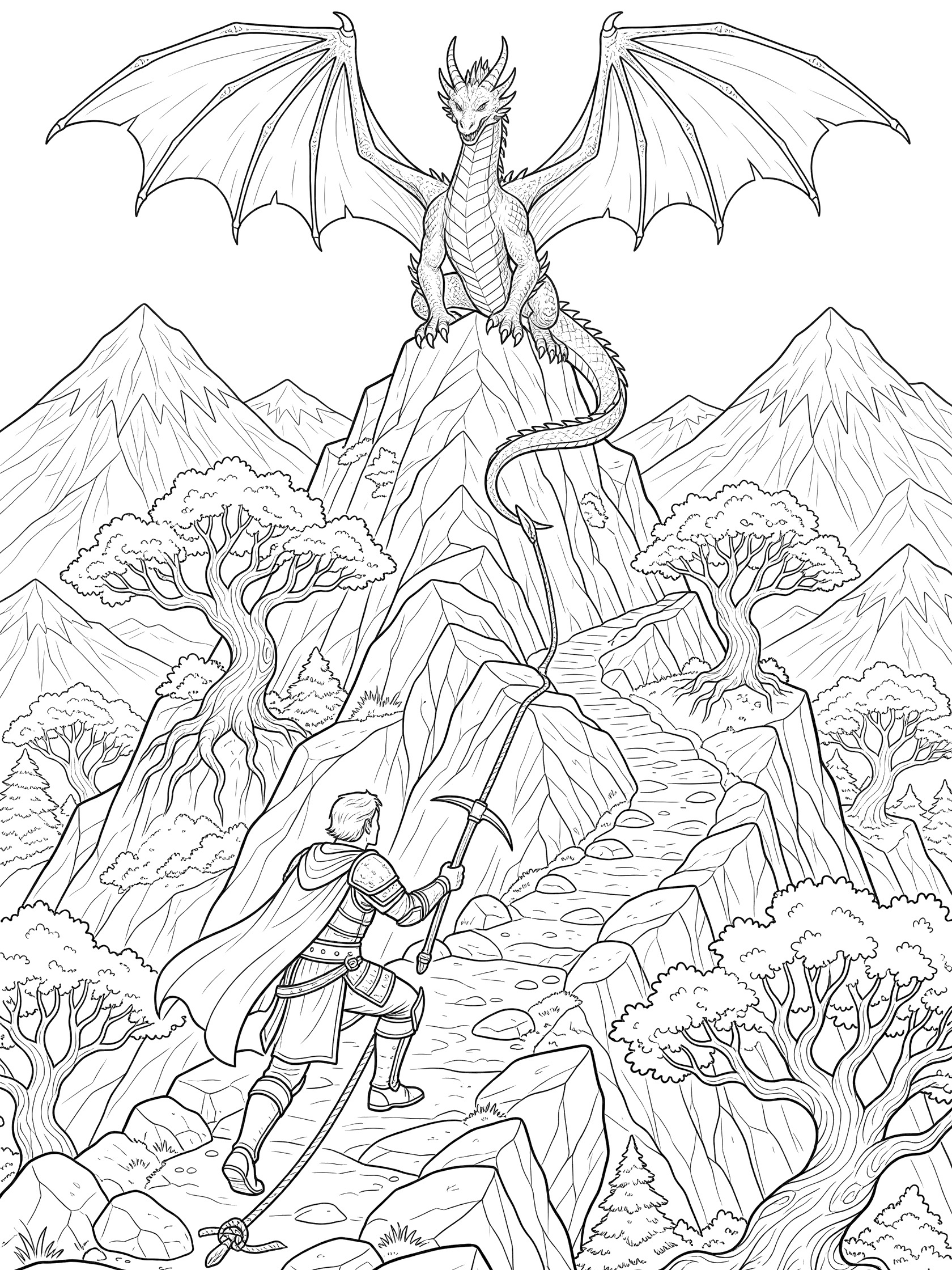 Black and white line art coloring page of a knight with sword and shield climbing a steep mountain path toward a dragon with spread wings perched on the snowy peak, surrounded by twisted trees and rocks. Dragon Knight themed black and white printable line art