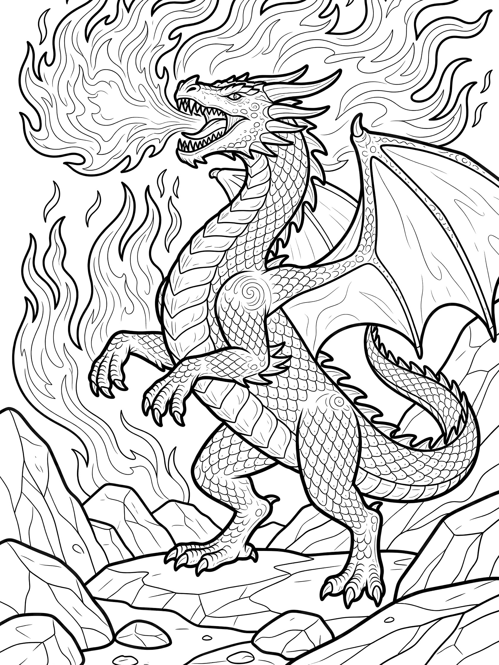 Black and white line art coloring page showing a fierce dragon rearing up on rocks, breathing flames from its open mouth, with wings, scales, horns, and rocky ground. Game of Thrones Dragons themed black and white printable line art