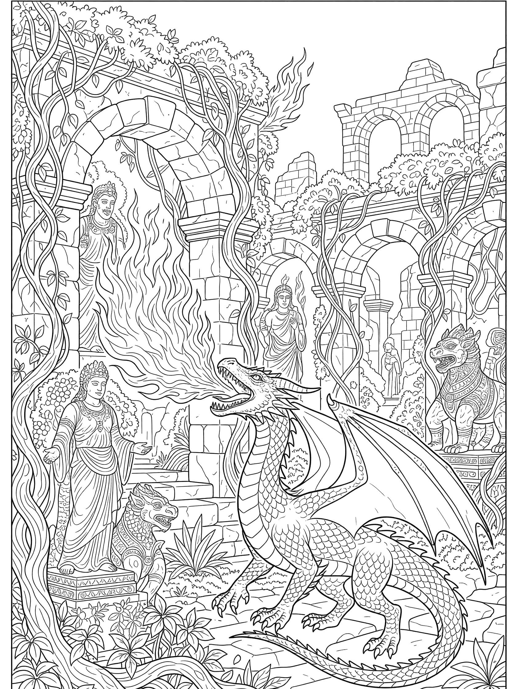 Black and white line art coloring page of a dragon breathing flames in vine-covered ancient ruins with stone arches, statues, and lion statues. Dragon Fire themed black and white printable line art