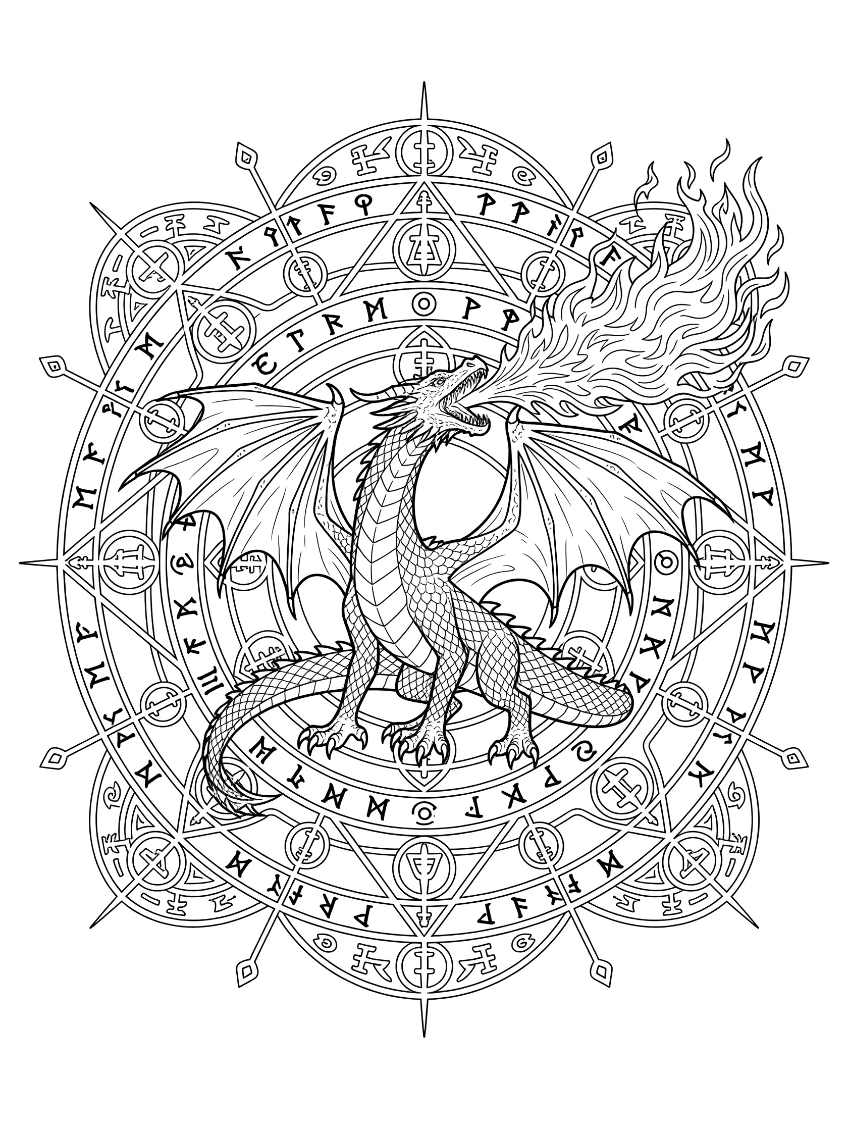 Black and white line art coloring page showing a dragon with wings open, breathing flames from its mouth into a round circle of runes and geometric shapes. Dragon Fire themed black and white printable line art