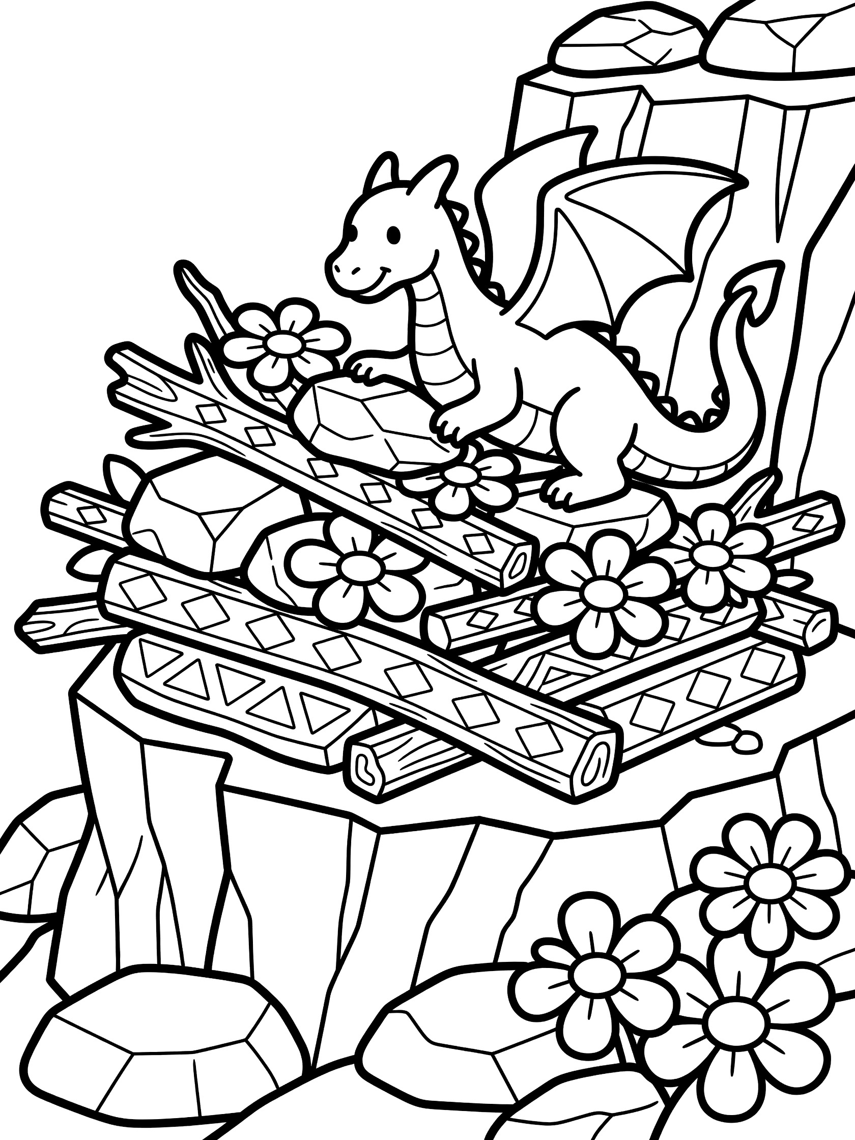 Black and white line art coloring page showing a small dragon on a cliff stacking sticks, shiny stones and daisies to build a nest. Dragon Nest themed black and white printable line art