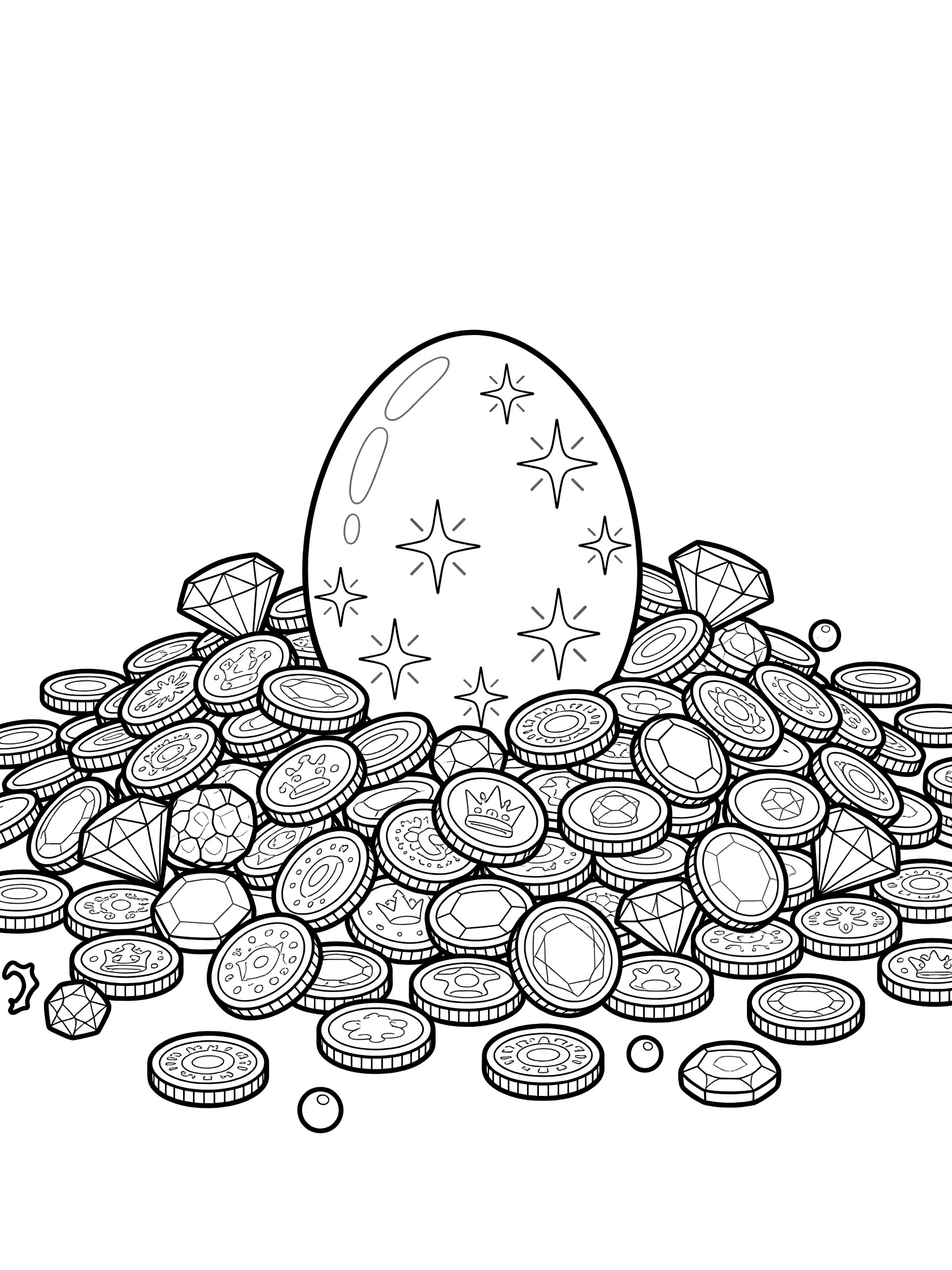 Black and white line art of a large shiny dragon egg with sparkles on top of a pile of gold coins and colorful gems, perfect for kids coloring.
