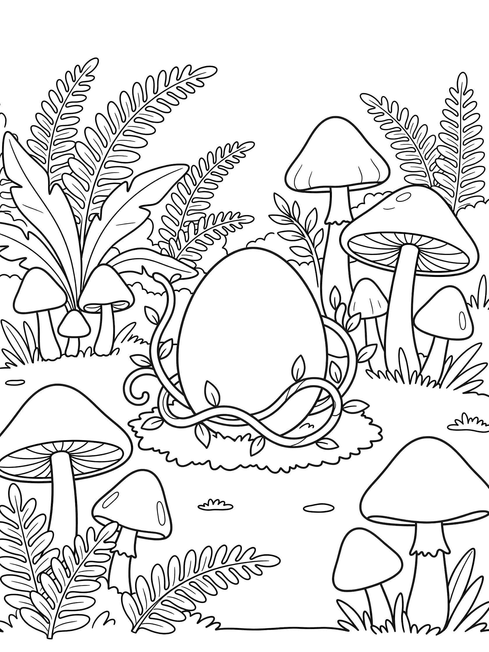 Black and white line art coloring page showing a large dragon egg in a nest of vines, with mushrooms and ferns around it on a white background.