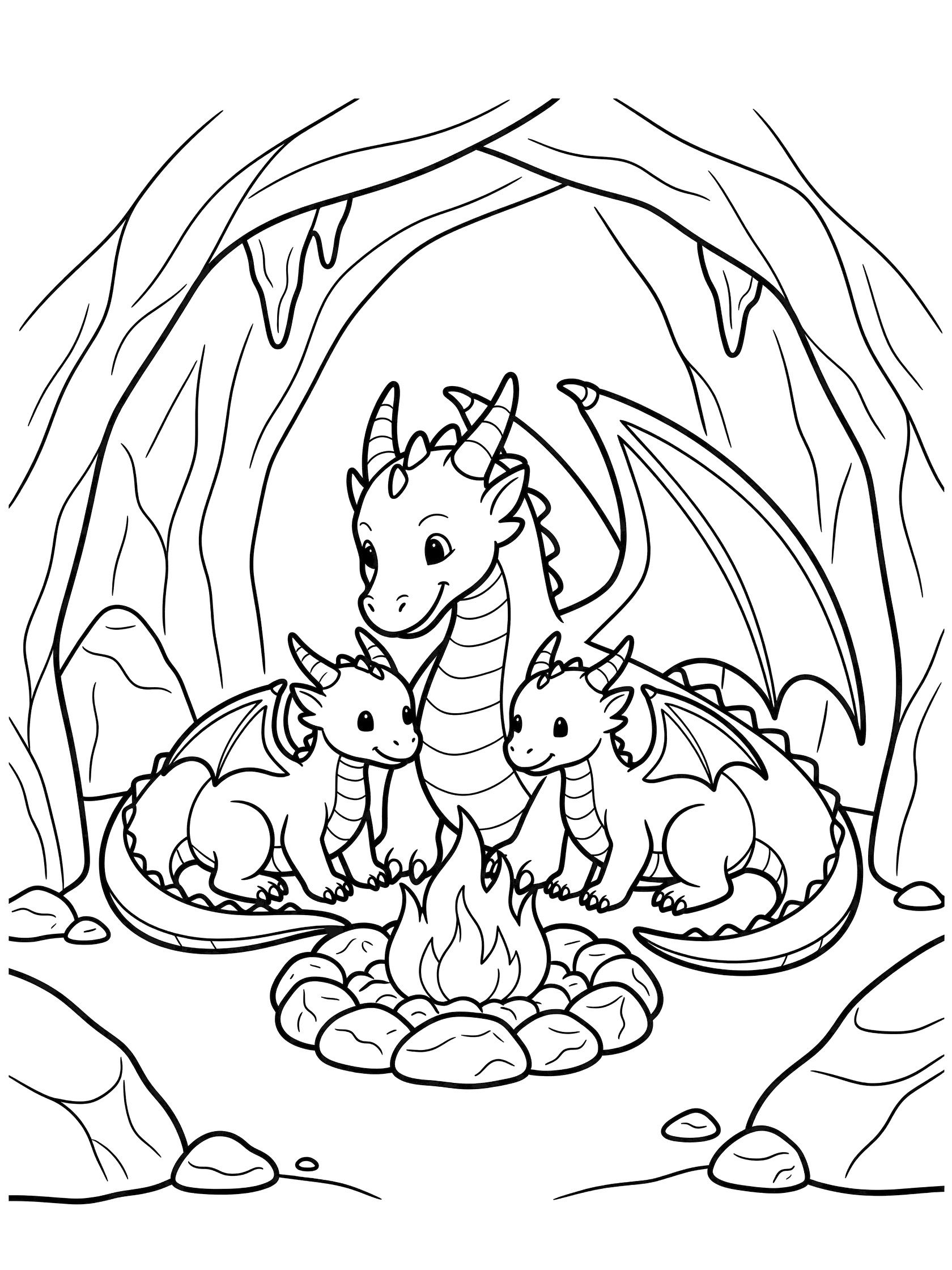 Black and white line art of a parent dragon and two baby dragons sitting together around a campfire inside a rocky cave with stalactites. Dragon Cave themed black and white printable line art