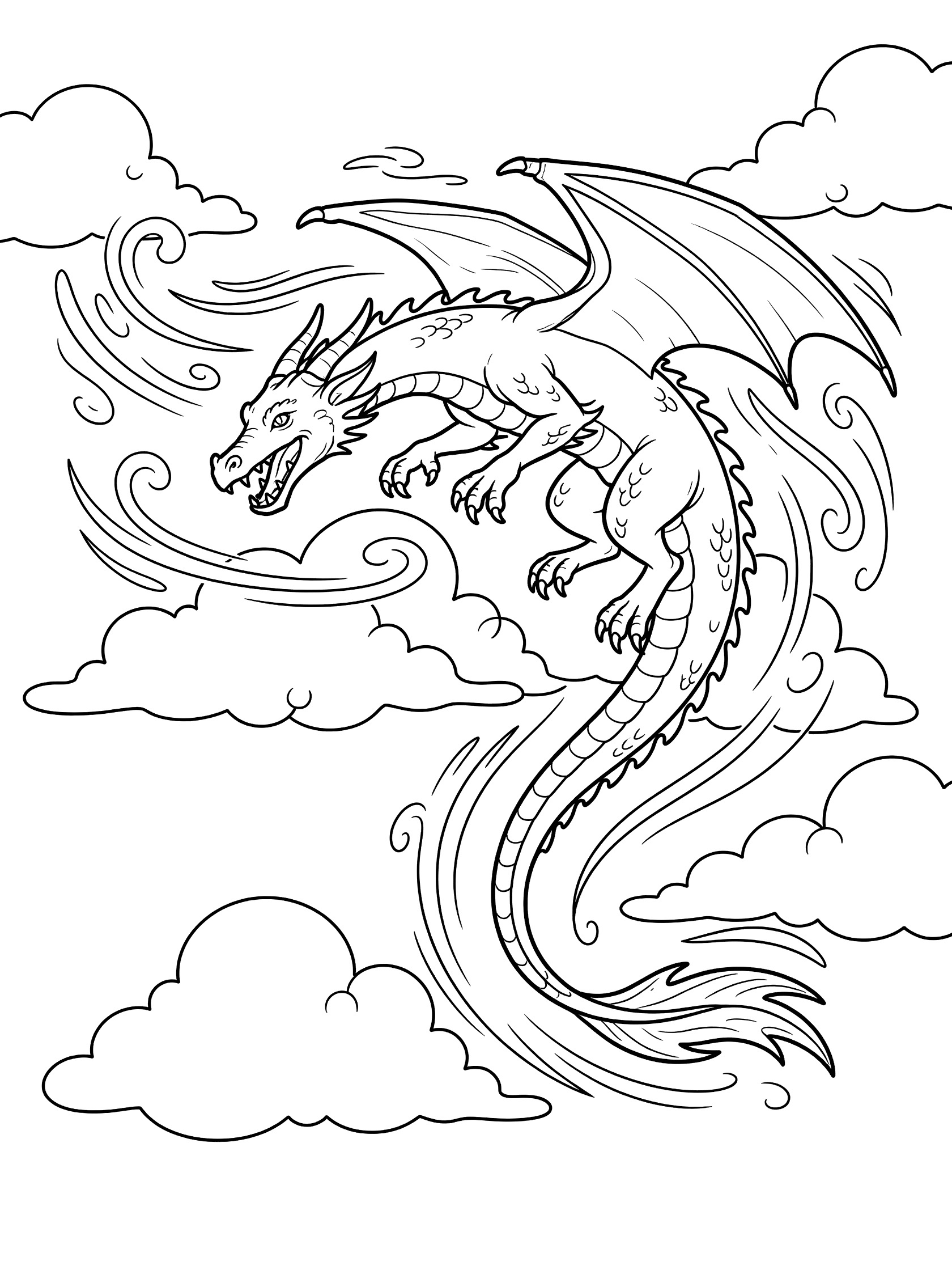 Black and white line art coloring page showing a playful dragon diving headfirst through clouds with wings spread, tail trailing, and motion lines. Game of Thrones Dragons themed black and white printable line art