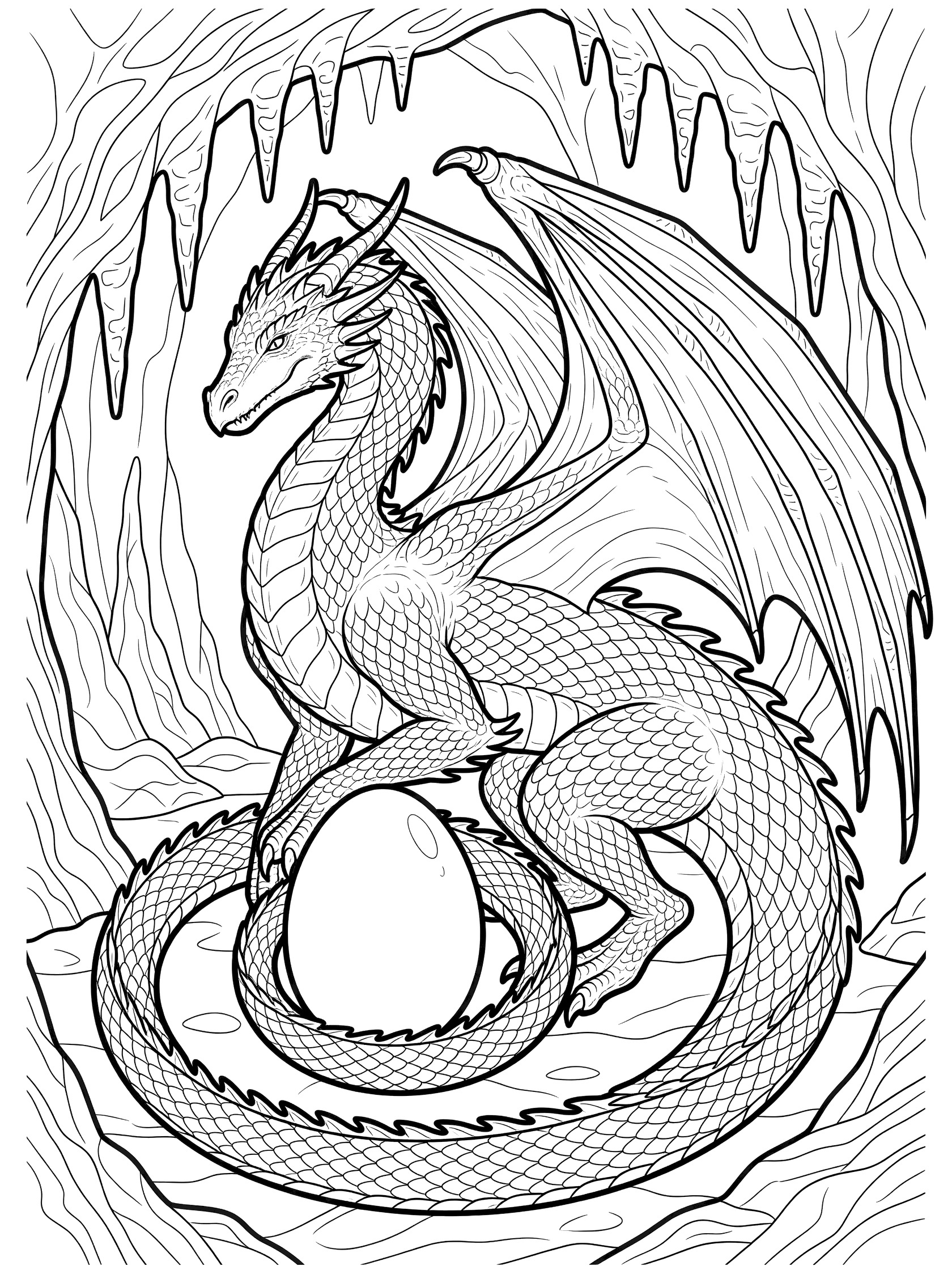 Black and white line art of a dragon protecting a large egg inside a cave with rocky walls and stalactites. Dragon Egg themed black and white printable line art