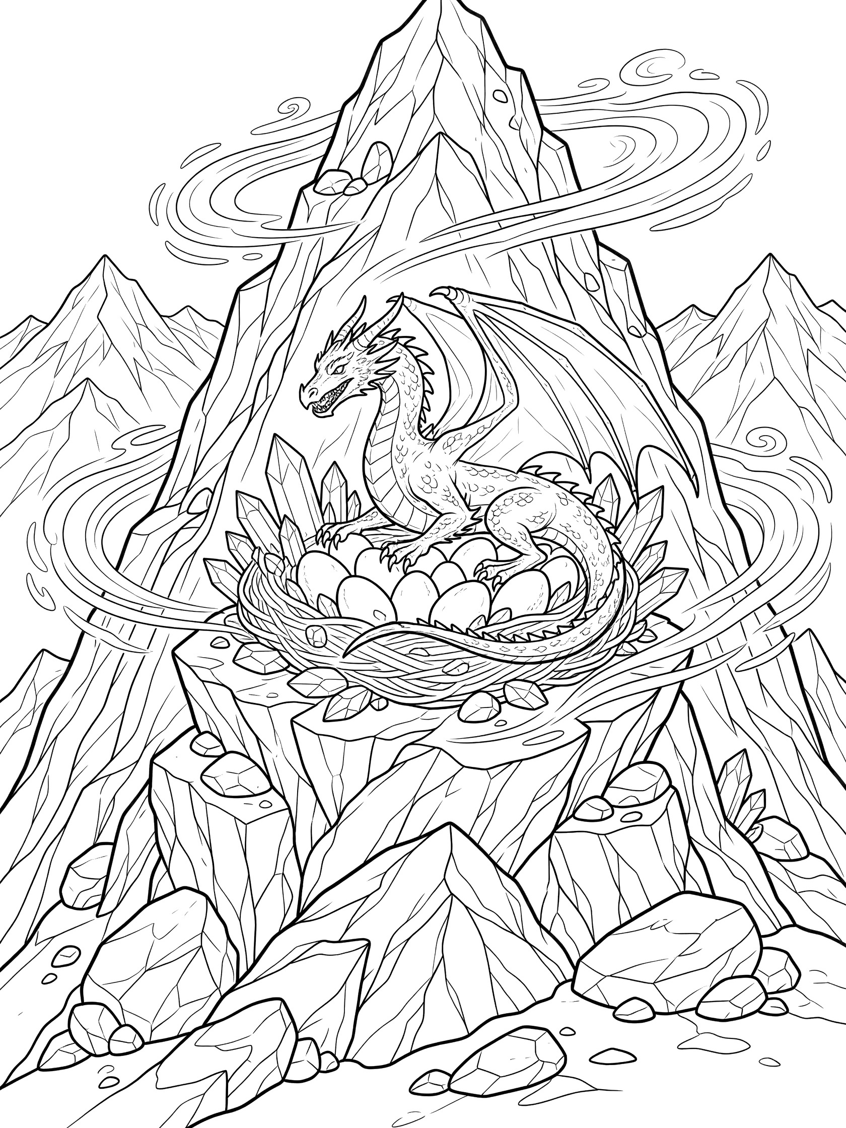 Black and white line art coloring page of a dragon curled around eggs in a nest on a rocky mountain peak with wind lines, crystals, and background mountains. Dragon Nest themed black and white printable line art