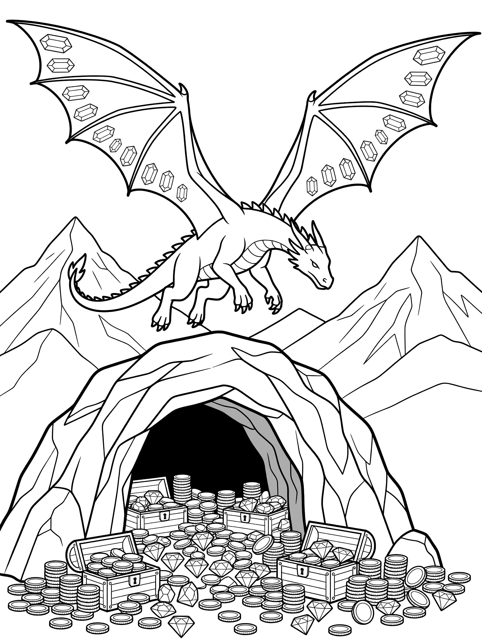 Black and white line art coloring page showing a winged dragon gliding above a rocky cave entrance piled with gold coins, treasure chests, and shiny gems, surrounded by mountains. Dragon Wings themed black and white printable line art