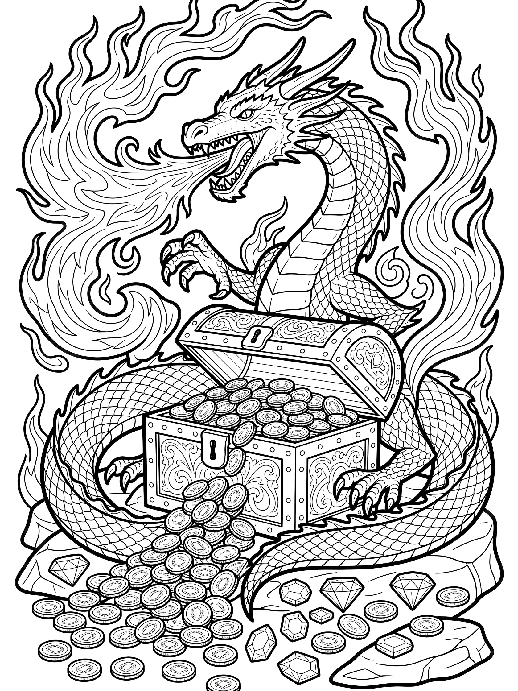 Black and white line art of a dragon curled around an open treasure chest spilling gold coins and jewels, with flames from its mouth. Dragon Fire themed black and white printable line art