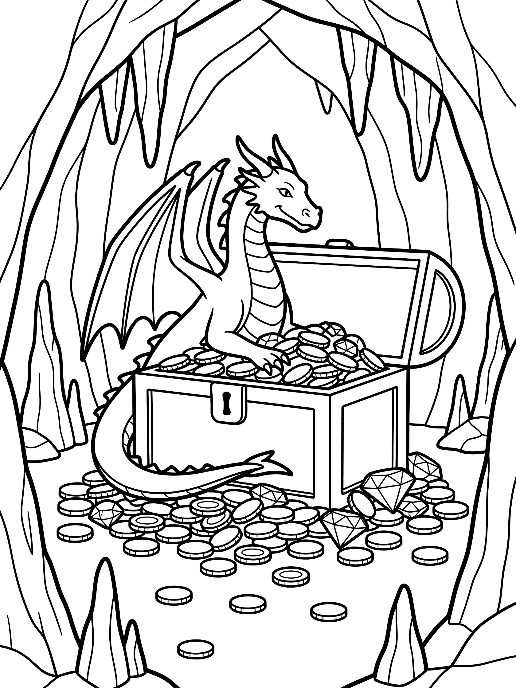 Black and white line art coloring page showing a dragon protecting a treasure chest with coins and gems inside a cave with stalagmites. Dragon Cave themed black and white printable line art
