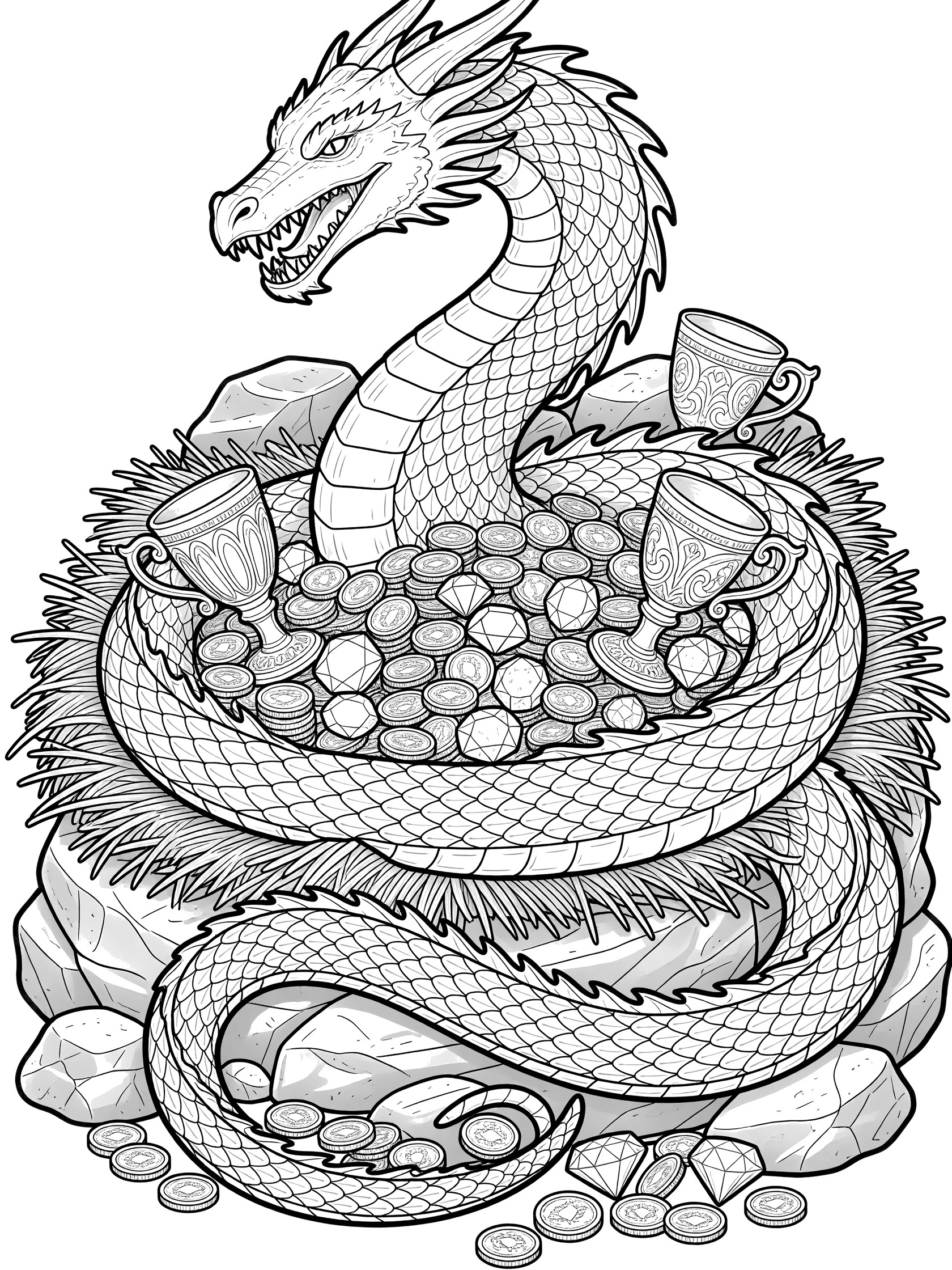 Black and white line art coloring page showing a fierce dragon with wings and horns coiled around a nest full of coins, shiny cups and rocks. Dragon Nest themed black and white printable line art