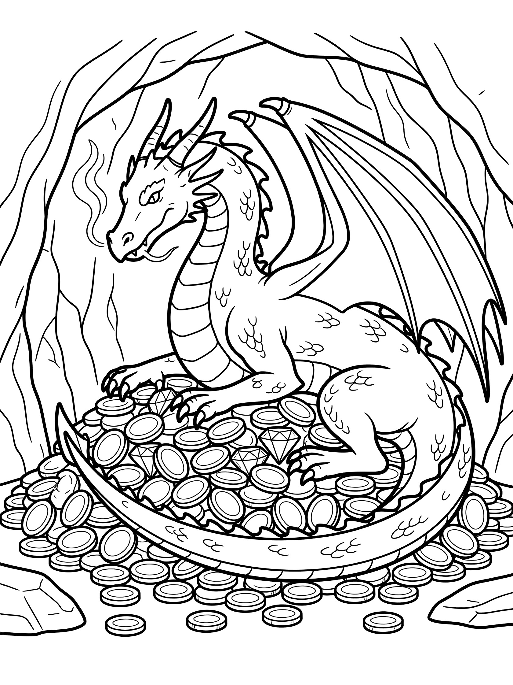 Black and white line art of a dragon sitting on a pile of coins and jewels inside a cave, with smoke wisps from its nose and wings over the treasure. Dragon Cave themed black and white printable line art