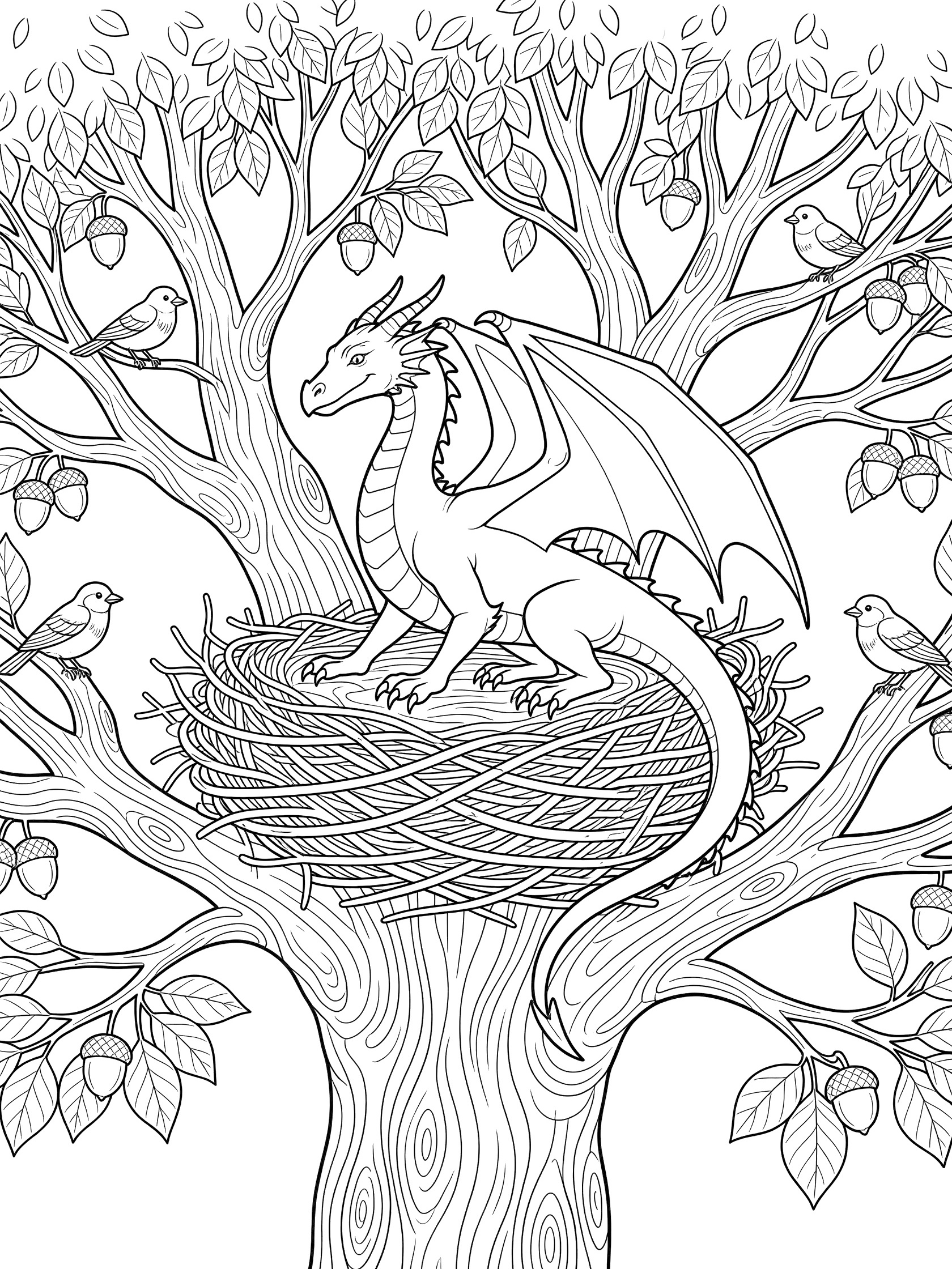 Black and white line art of a dragon perched in a woven nest built into tree branches, surrounded by birds, leaves, and acorns. Dragon Nest themed black and white printable line art
