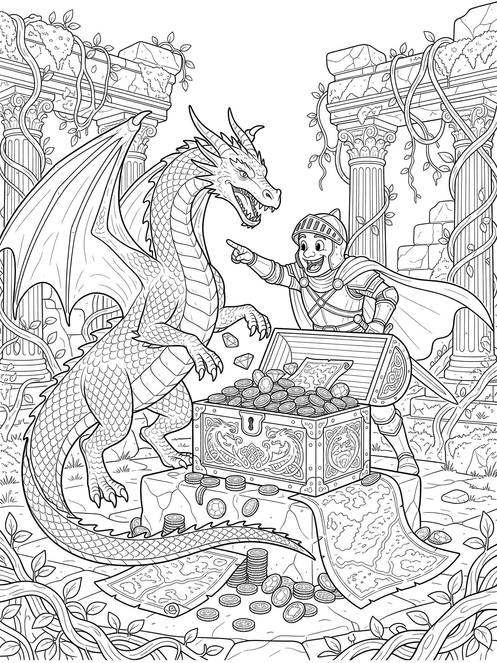Black and white coloring page of a Dragon Knight and friendly dragon opening a treasure chest spilling coins, jewels, and maps in ancient ruins with vines and columns.