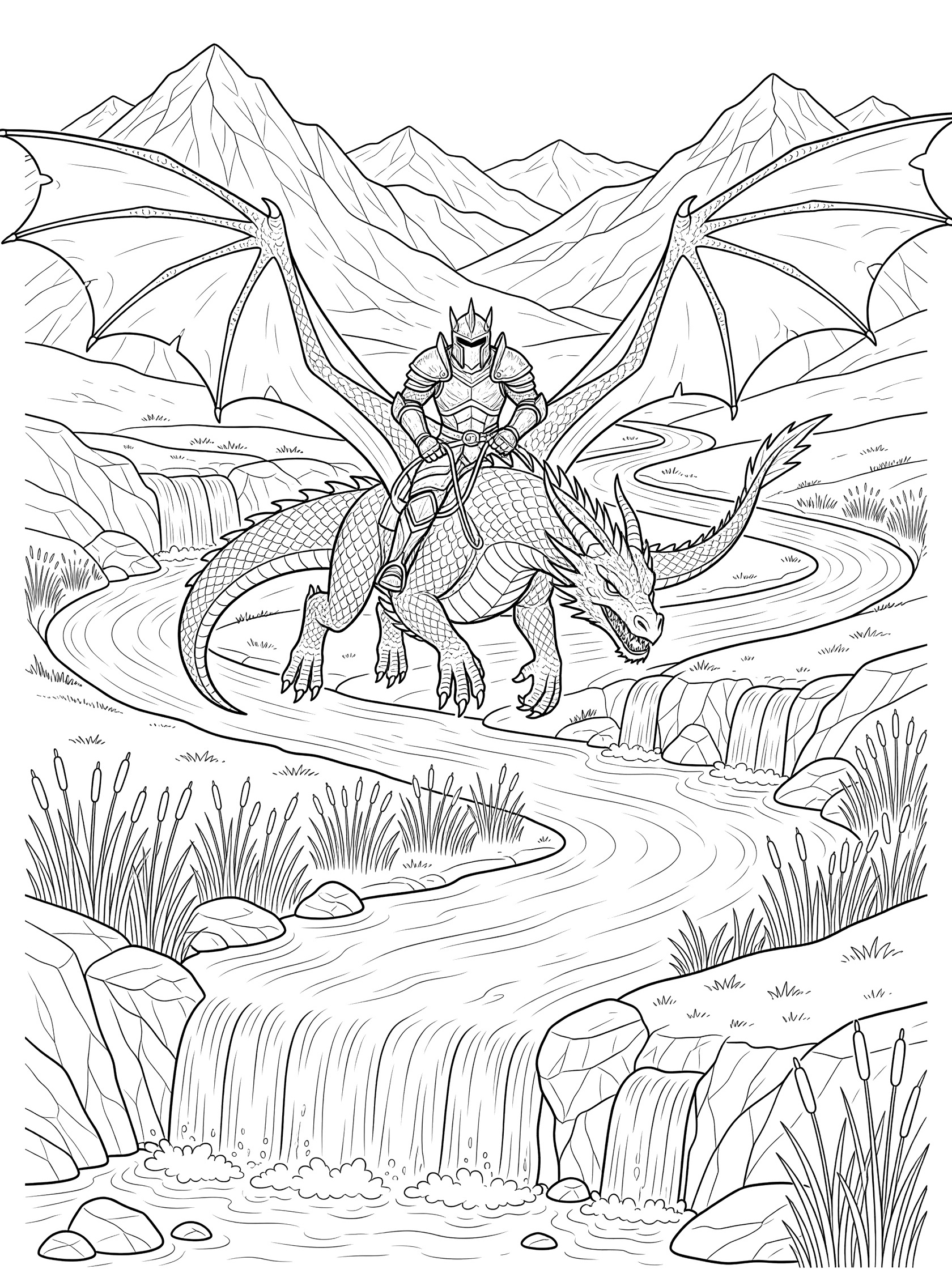 Black and white coloring page of a dragon knight gripping reins on his flying dragon above a river with waterfalls, rocks, tall reeds, and distant mountains.