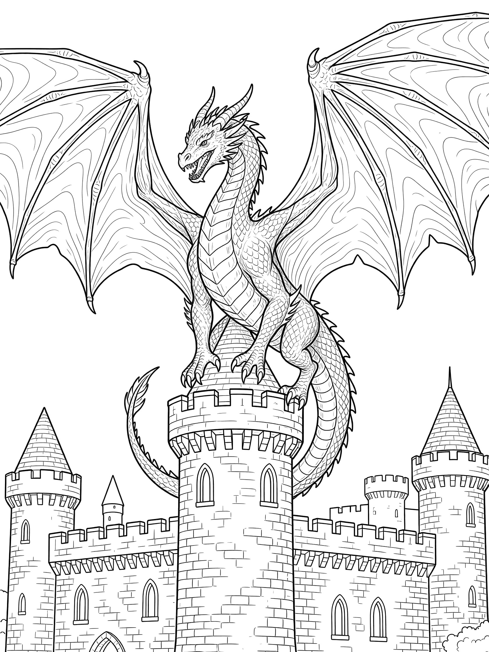 Black and white line art coloring page showing a large dragon standing on top of a castle tower with spread wings and pointy towers around it. Dragon Wings themed black and white printable line art