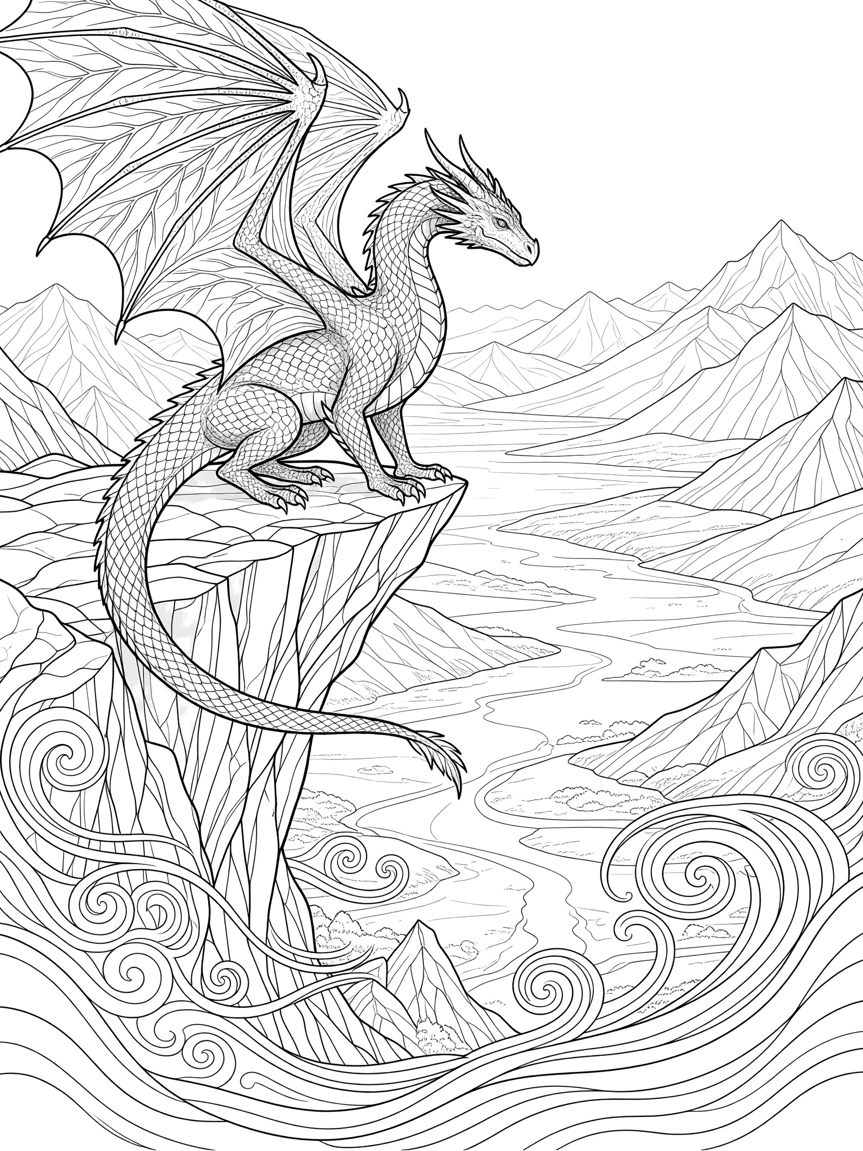 Black and white line art coloring page of a dragon sitting on a rocky cliff edge, looking over a valley with mountains, a winding river, and wind swirls. Game of Thrones Dragons themed black and white printable line art