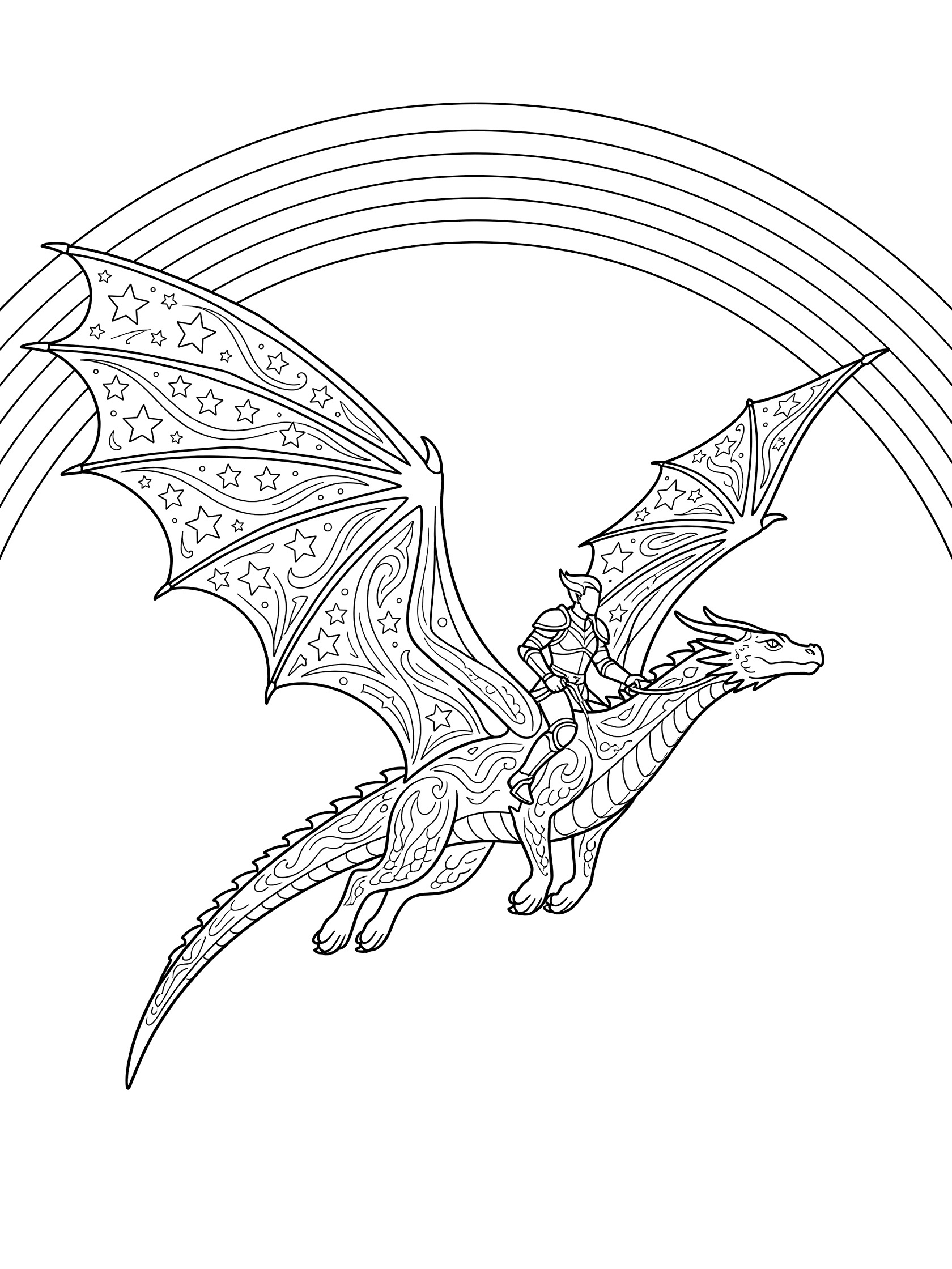 Black and white line art coloring page showing a detailed dragon with a knight rider flying in an arc under a large rainbow with star-patterned wings