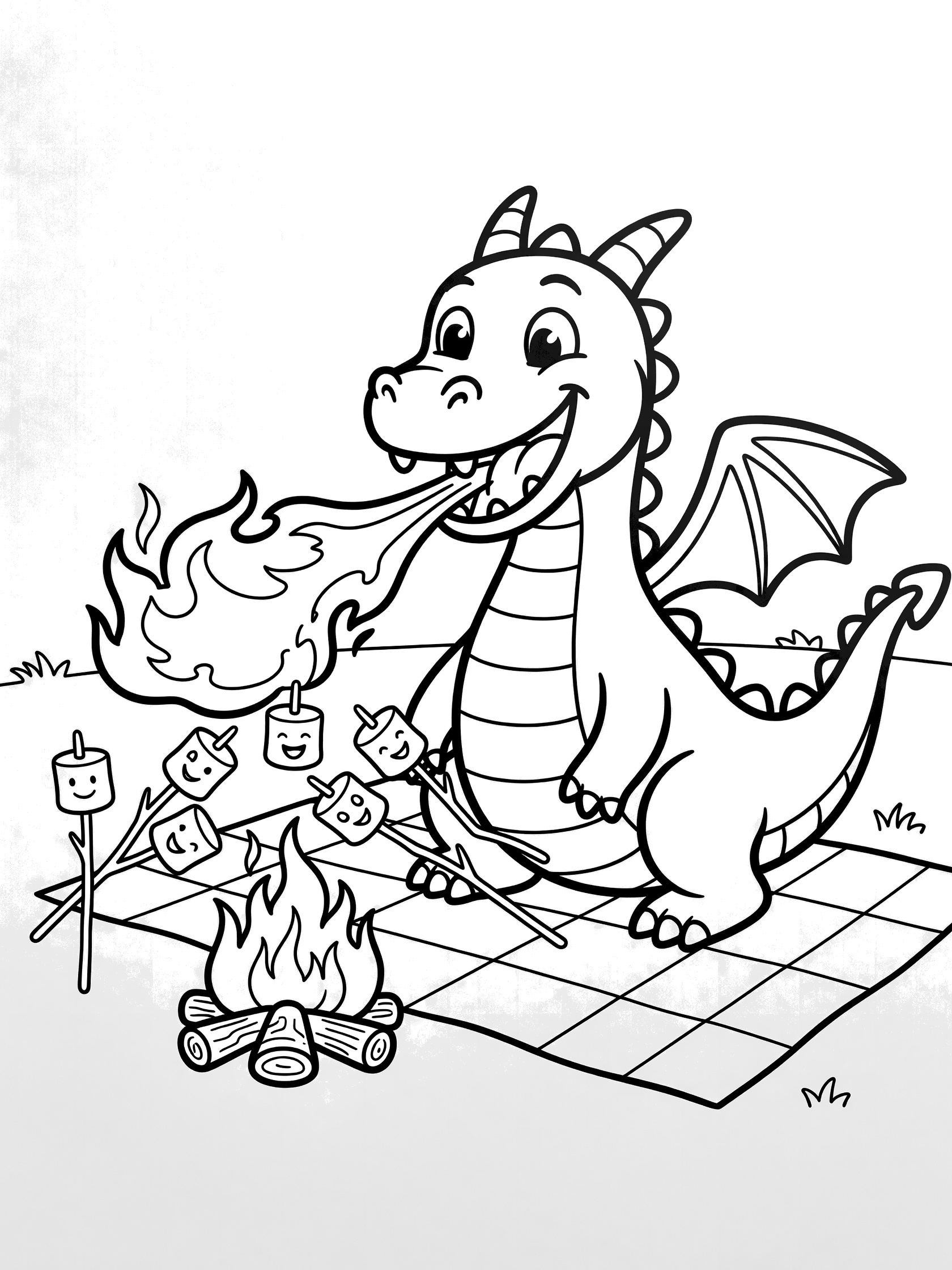 Black and white line art coloring page showing a smiling dragon breathing fire to roast marshmallows on sticks over a campfire, with a picnic blanket nearby. Dragon Fire themed black and white printable line art