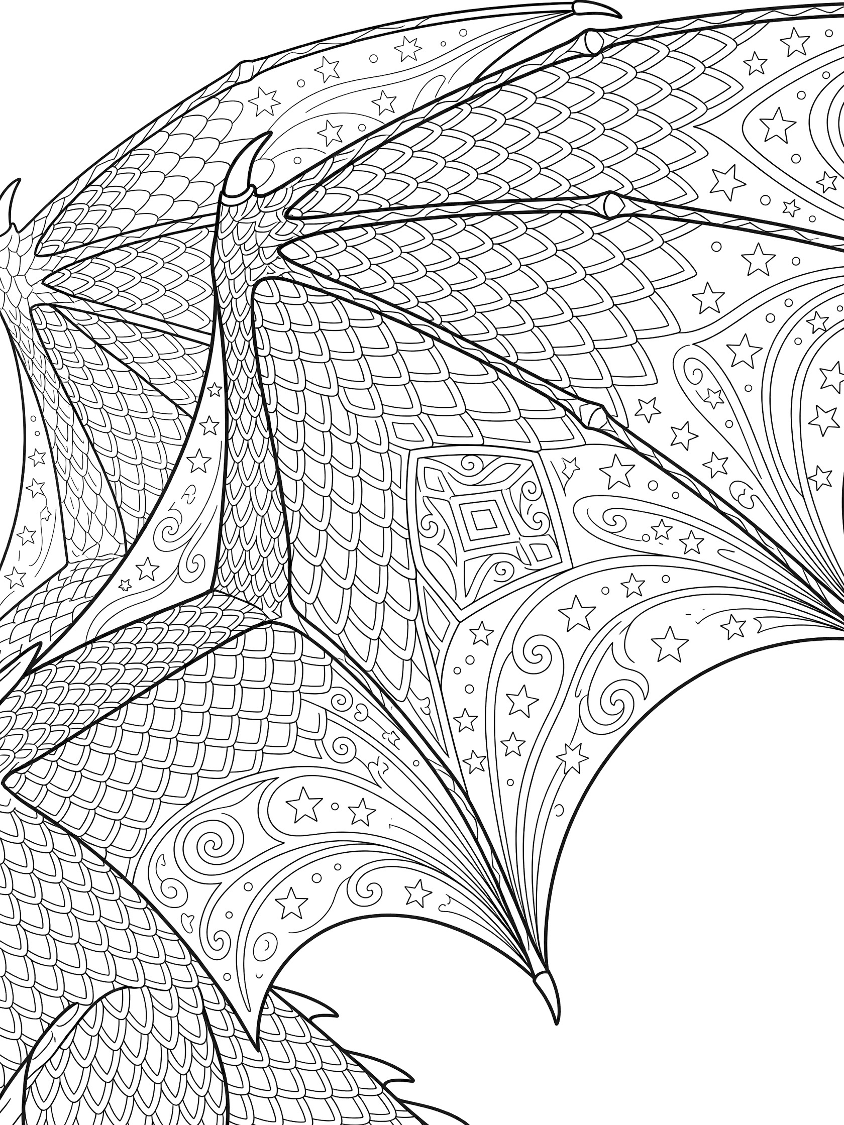 Black and white line art coloring page of a dragon wing with geometric scale patterns, stars, swirls, and symmetrical shapes on a white background. Dragon Wings themed black and white printable line art