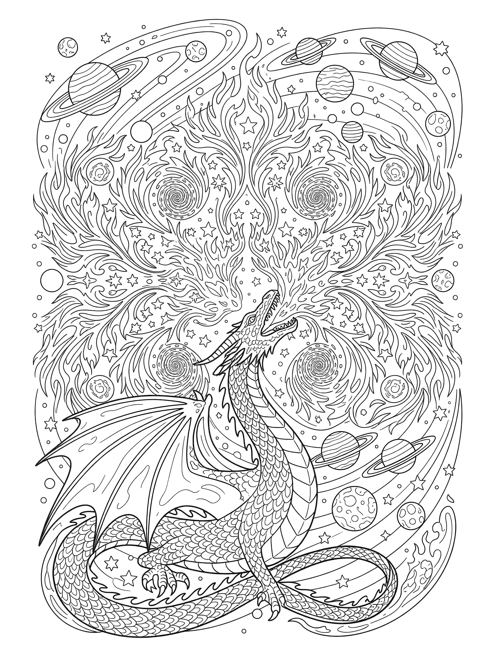 Black and white line art of a dragon with wings and tail coiled around, breathing intricate fire patterns of stars and swirls with orbiting planets in a cosmic scene. Dragon Fire themed black and white printable line art