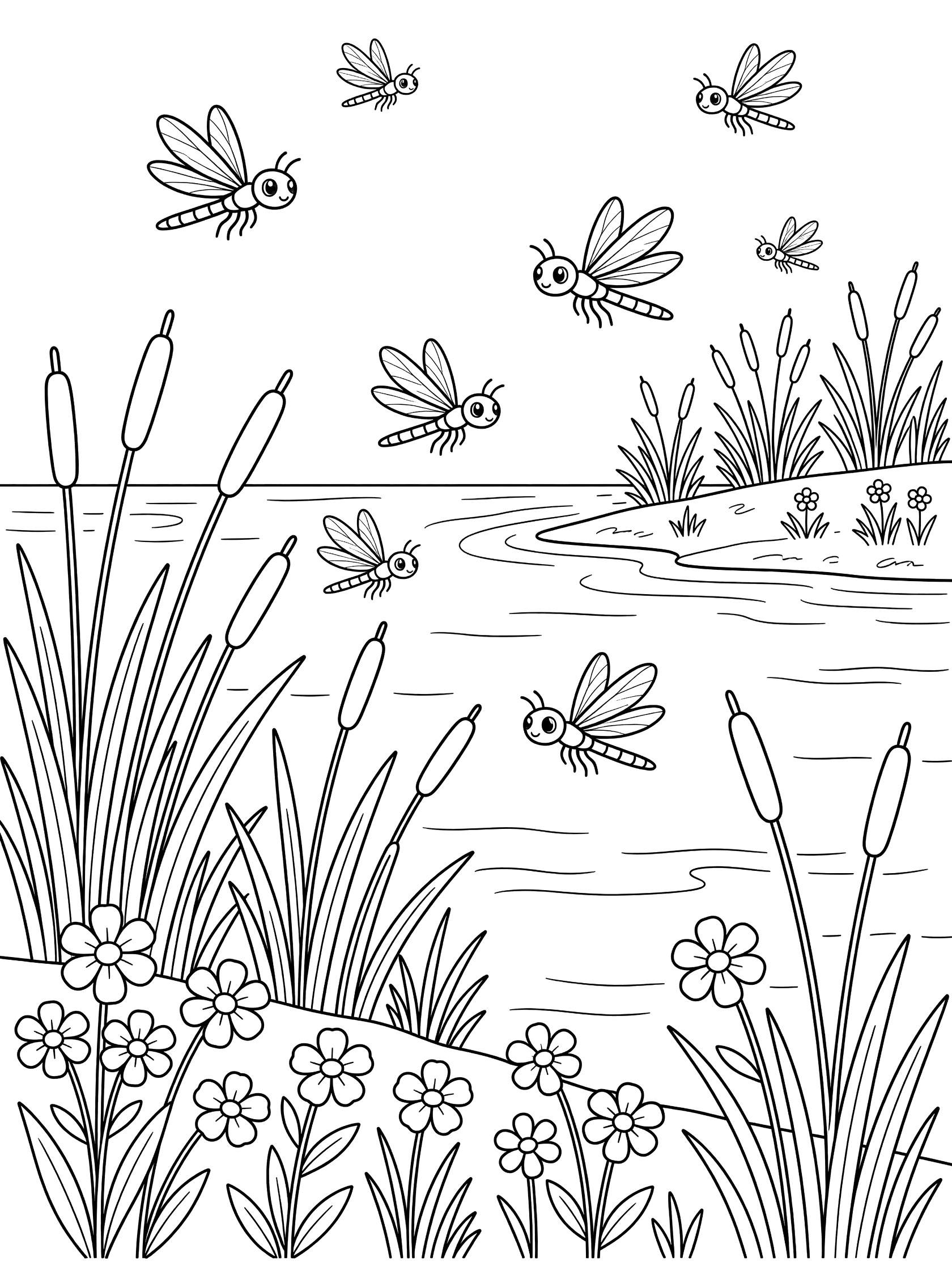 Cute cartoon coloring page showing dragonflies hovering above a river with tall reeds and small flowers along the shore. Yangtze River themed black and white printable line art