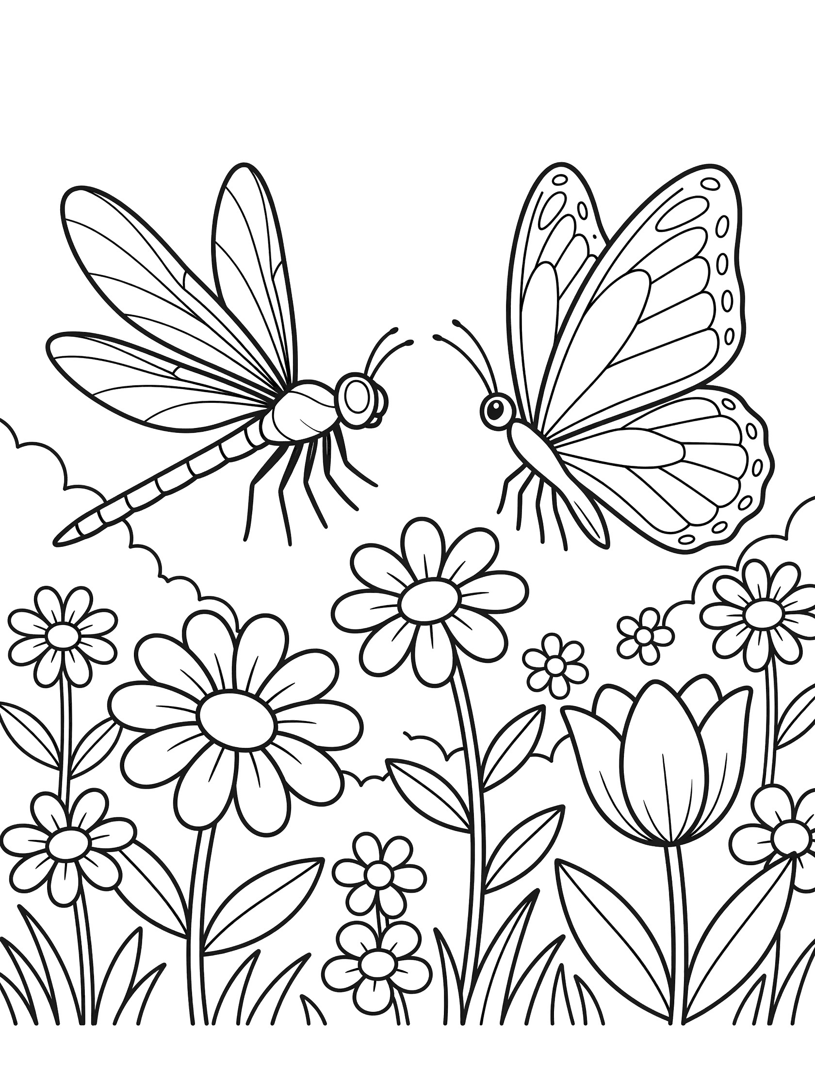 Black and white line drawing of a dragonfly and butterfly flying side by side with daisies, tulips, and small flowers on stems in a simple garden scene.