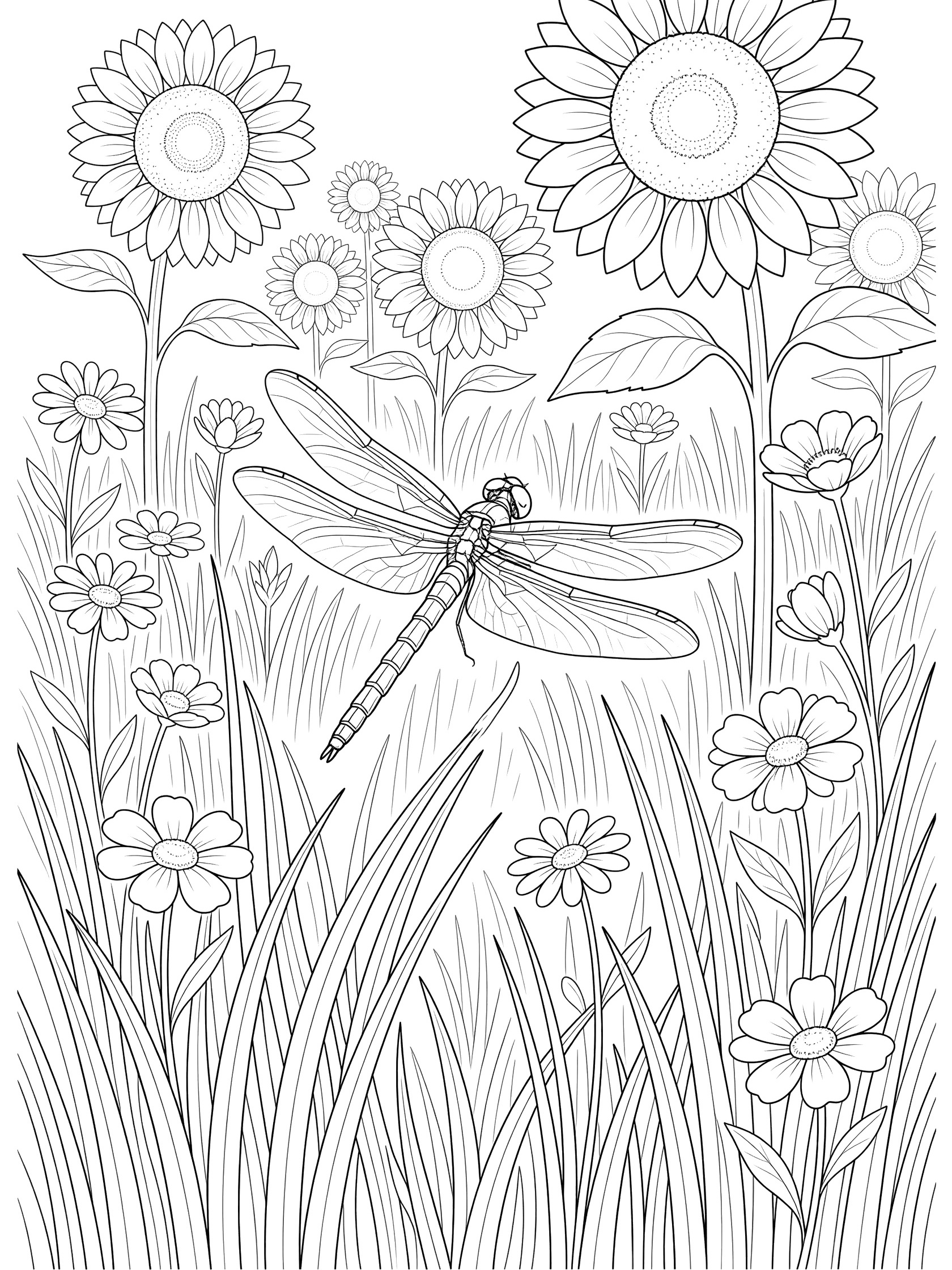 Black and white line art coloring page of a dragonfly in flight surrounded by sunflowers, grass blades, and small flowers