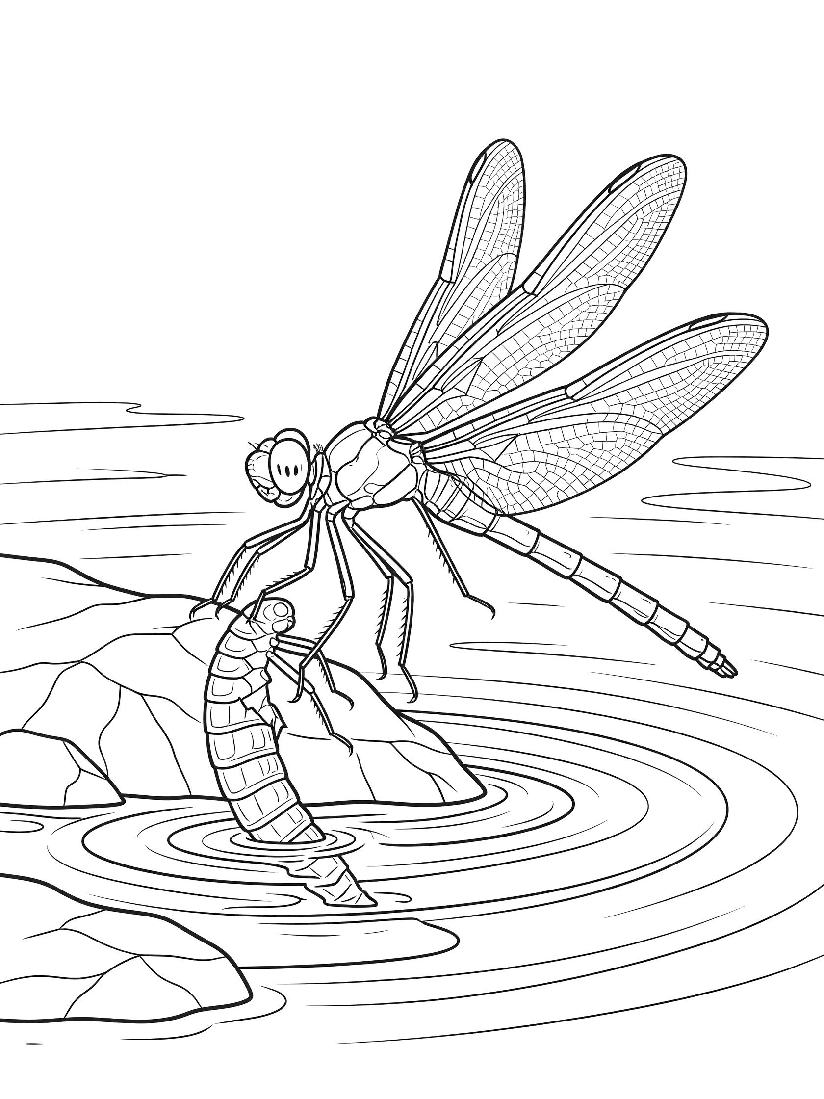 Black and white line art coloring page showing a dragonfly emerging from water onto a rock, with larva tail in ripples and unfolding wings.