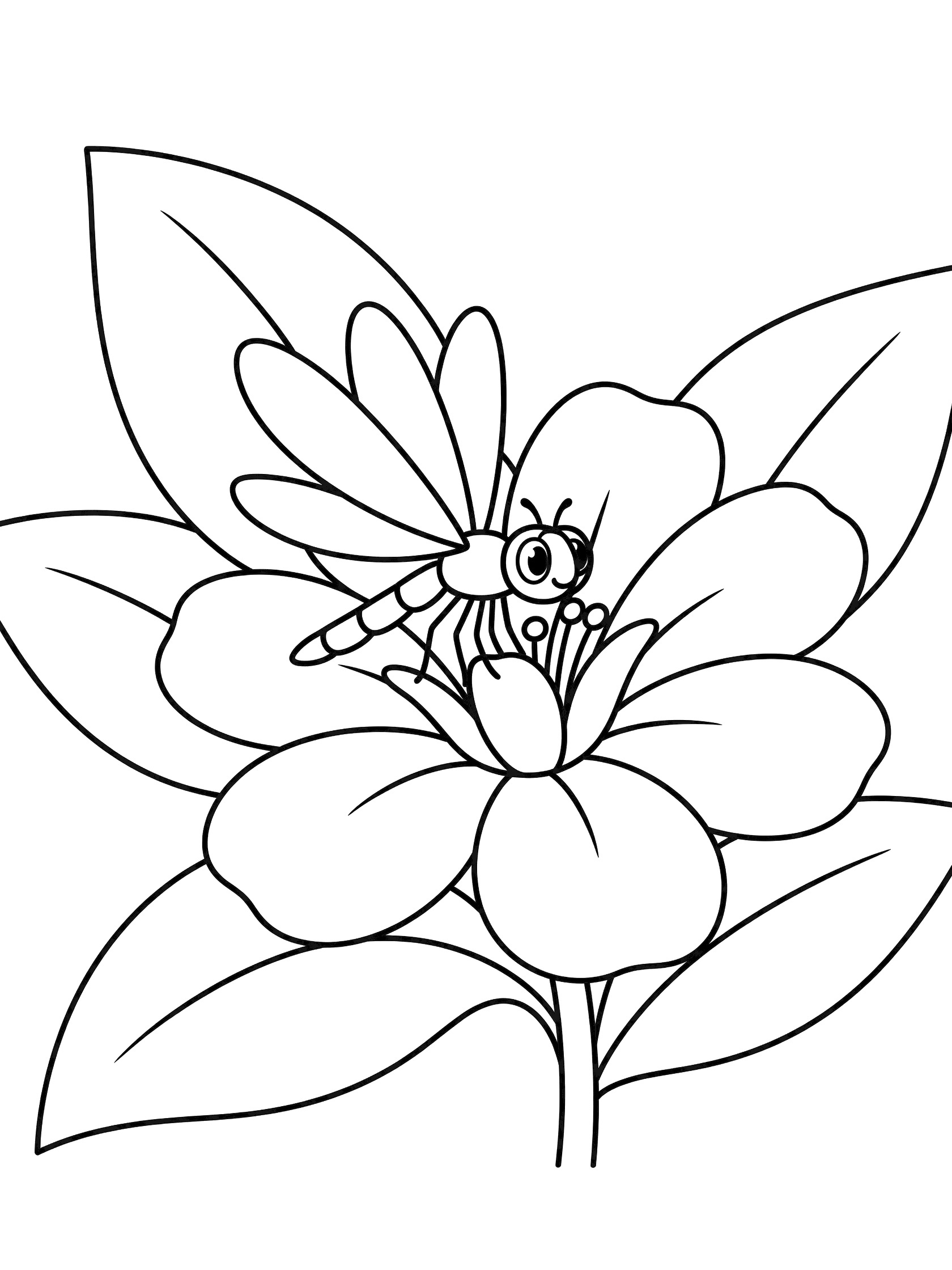 Black and white line art coloring page showing a dragonfly perched on a large flower with petals and leaves