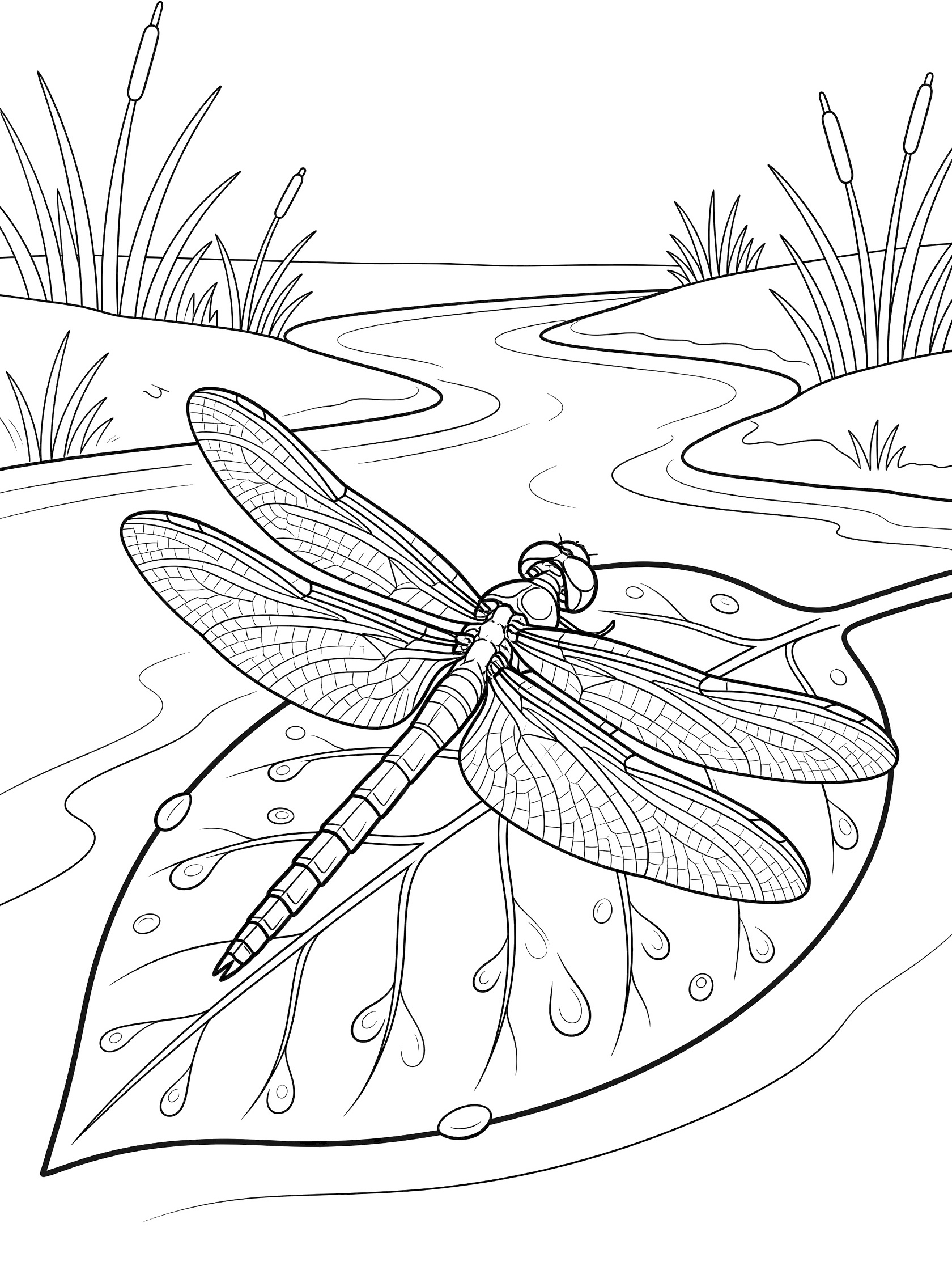 Black and white coloring page of a dragonfly on a leaf near a stream with reeds and water lines.