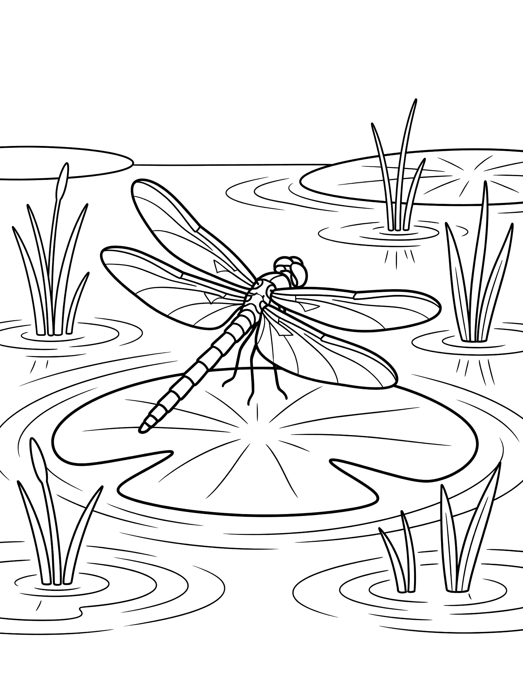 Black and white line drawing of a dragonfly standing on a large lily pad surrounded by water ripples and tall reed stems.