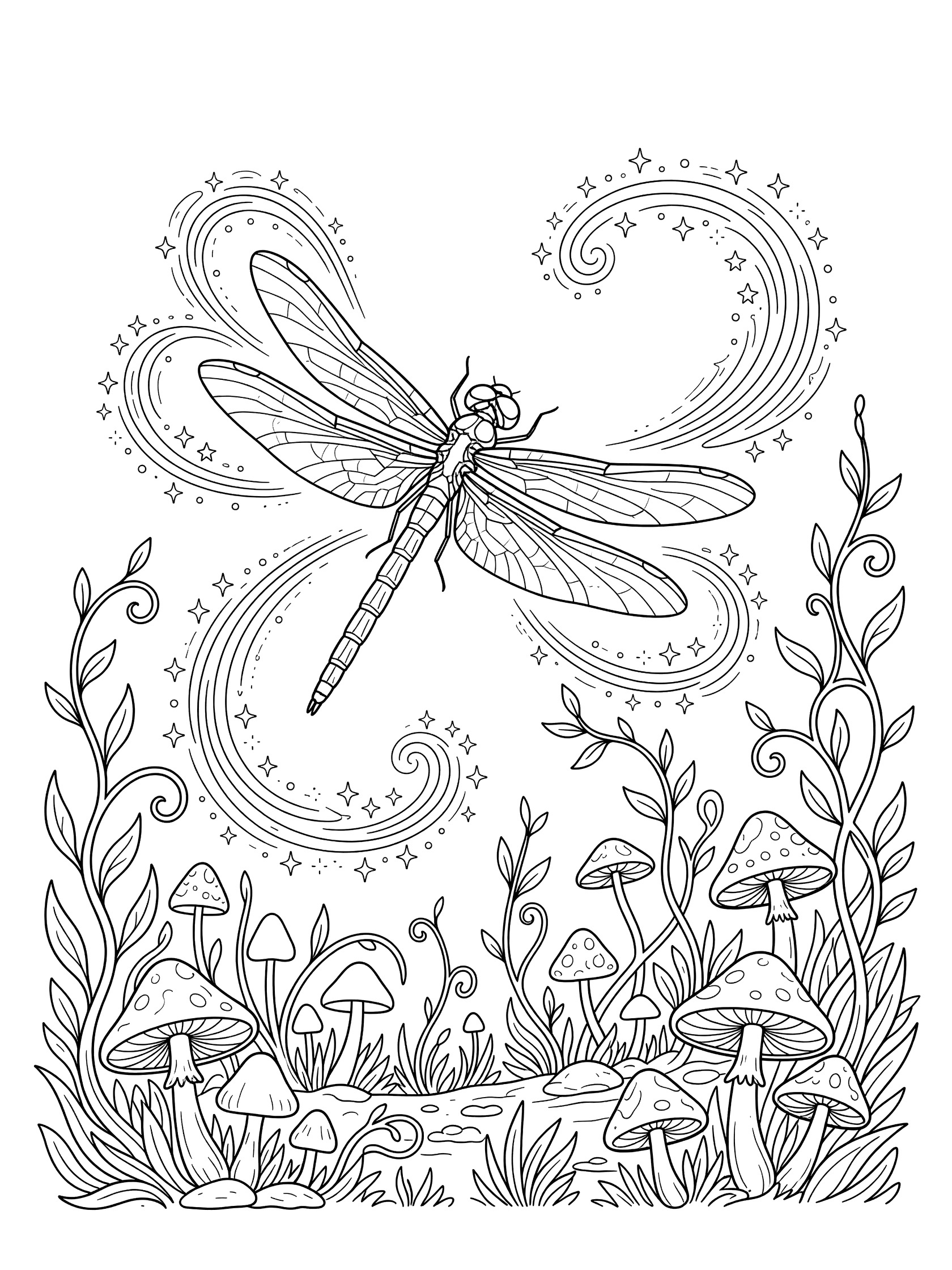 Black and white line art coloring page showing a dragonfly mid-air with swirling wing trails and sparkling dots, surrounded by mushrooms, vines, and leaves on a white background.