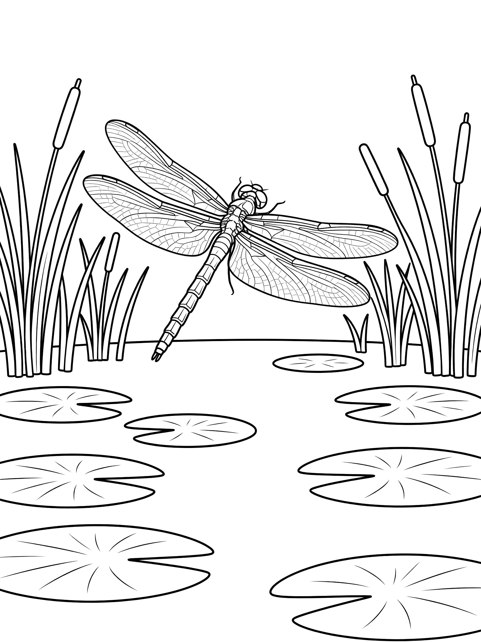 Black and white line drawing of a dragonfly with wide wings hovering above round lily pads and tall reeds in a pond, coloring page for kids