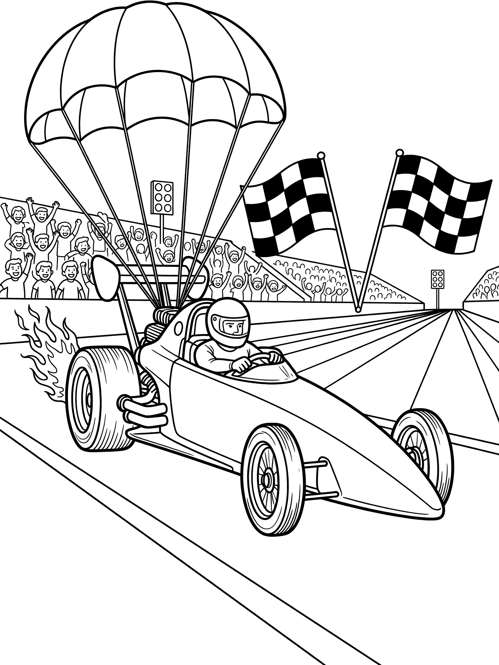 Black and white line art of a dragster racing across the finish line, featuring spinning wheels, flames, open cockpit driver in helmet, billowing parachute, checkered flags, and grandstands.