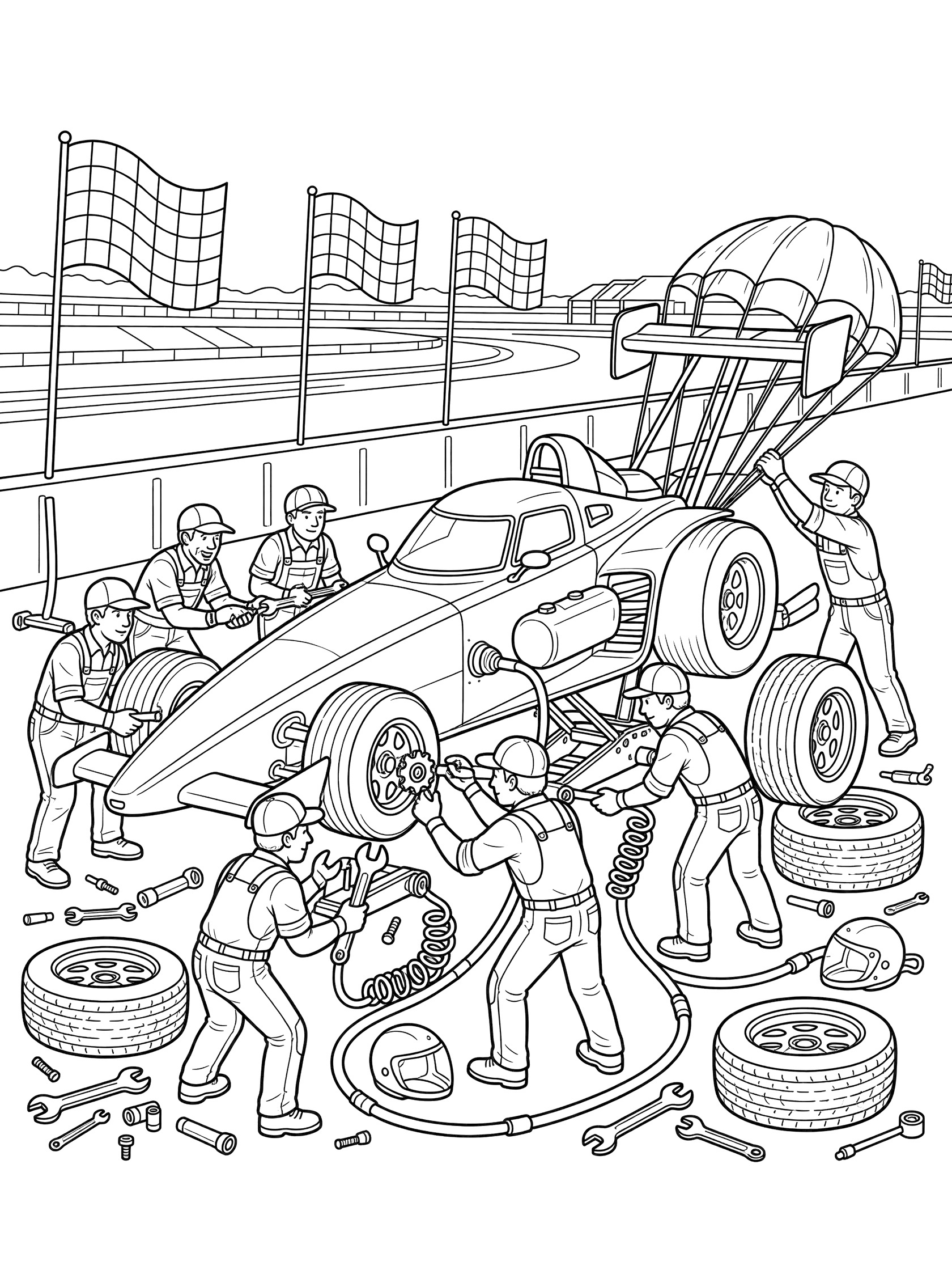 Black and white line art of a dragster on a jack at pit stop, mechanics with wrenches on huge rear tires, fuel hose, parachute, tools, helmets, spare tires, checkered flags, and race track.