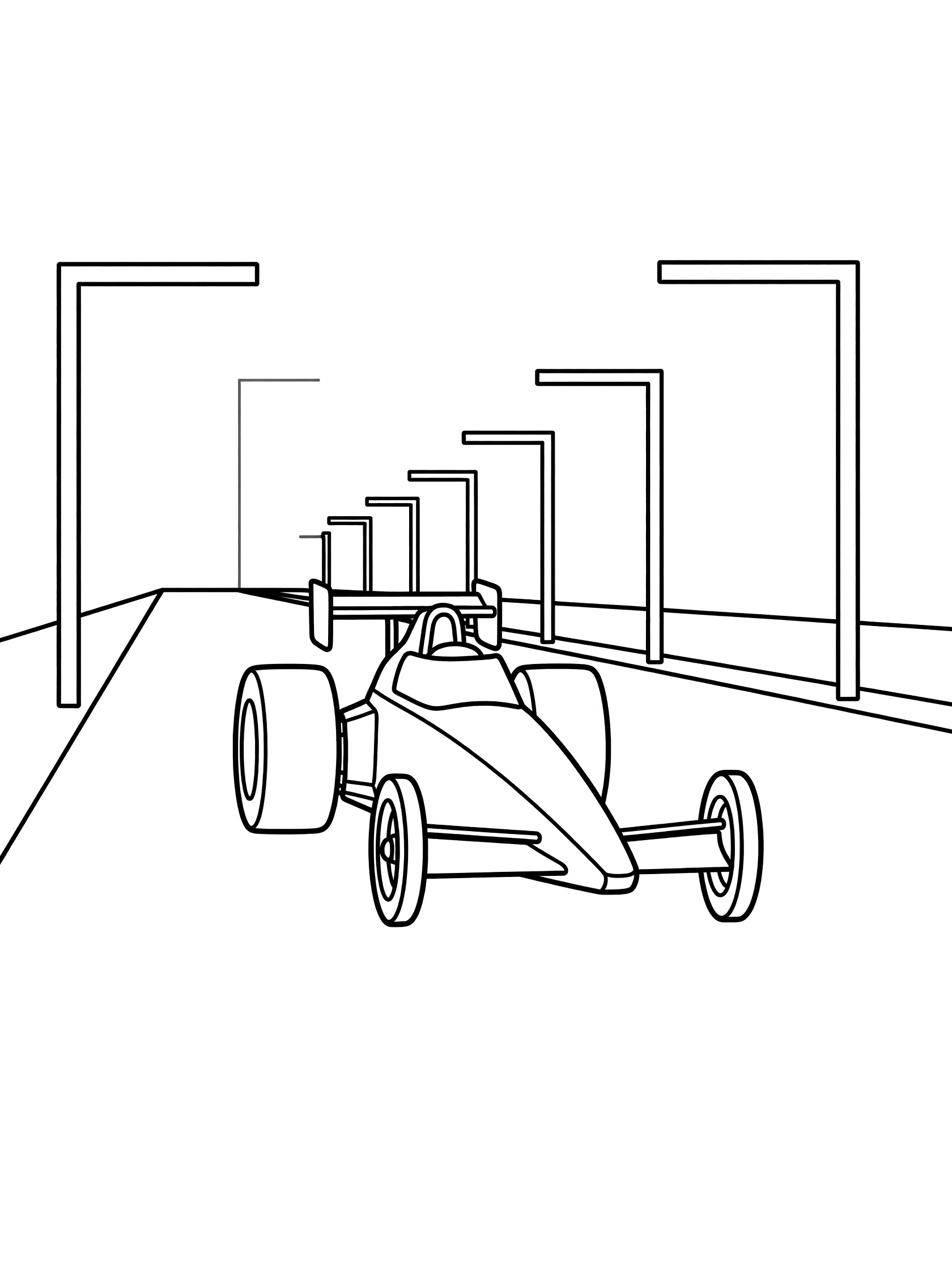 Black and white line art of a dragster race car with large rear wheels at the starting line on a race track with tall gates. Race Cars themed black and white printable line art