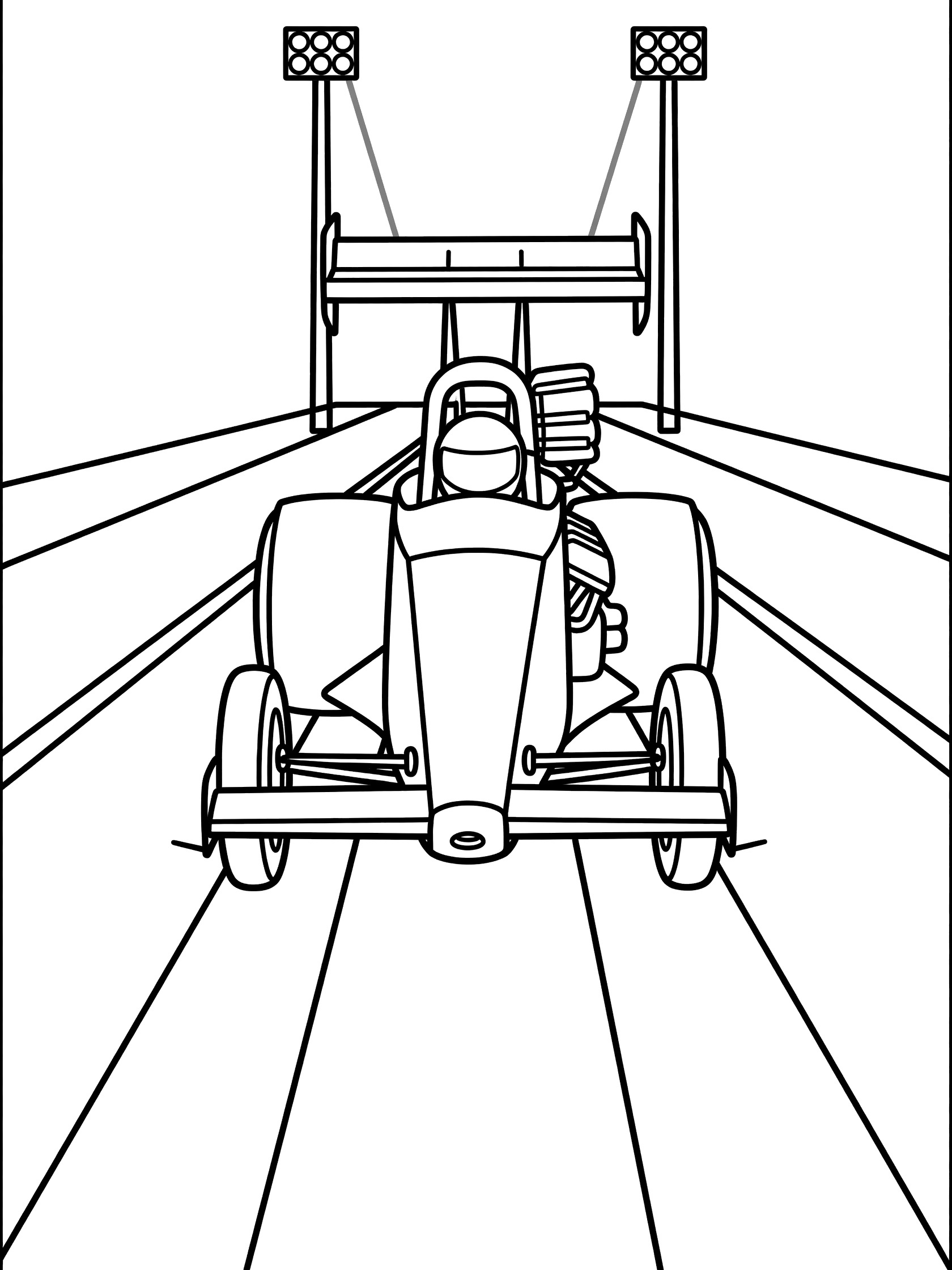 Black and white line art of a long dragster race car positioned at the drag strip starting line under tall Christmas tree light towers with beams and track lines.